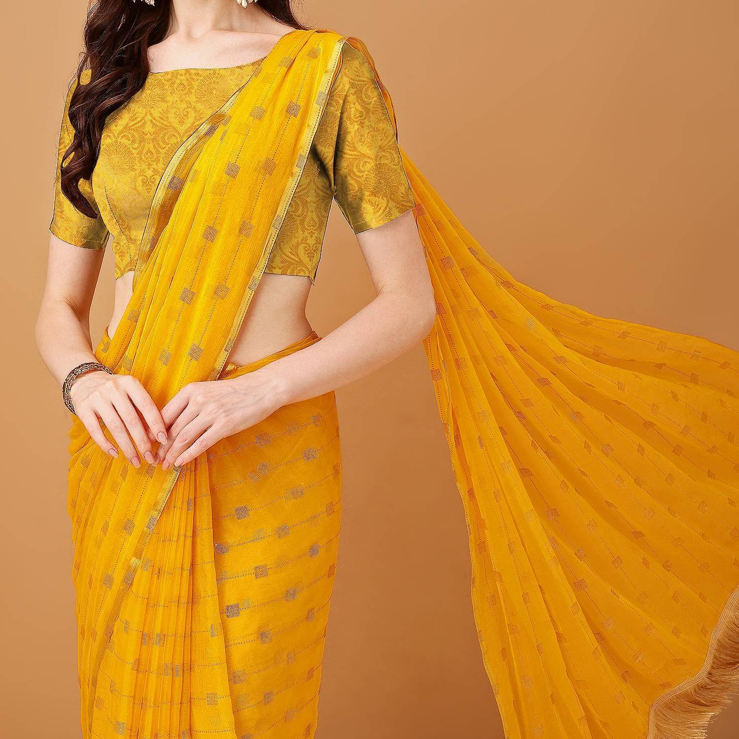     			Parmila Fashion Chiffon Embellished Saree With Unstitched Blouse Piece ( Gold )