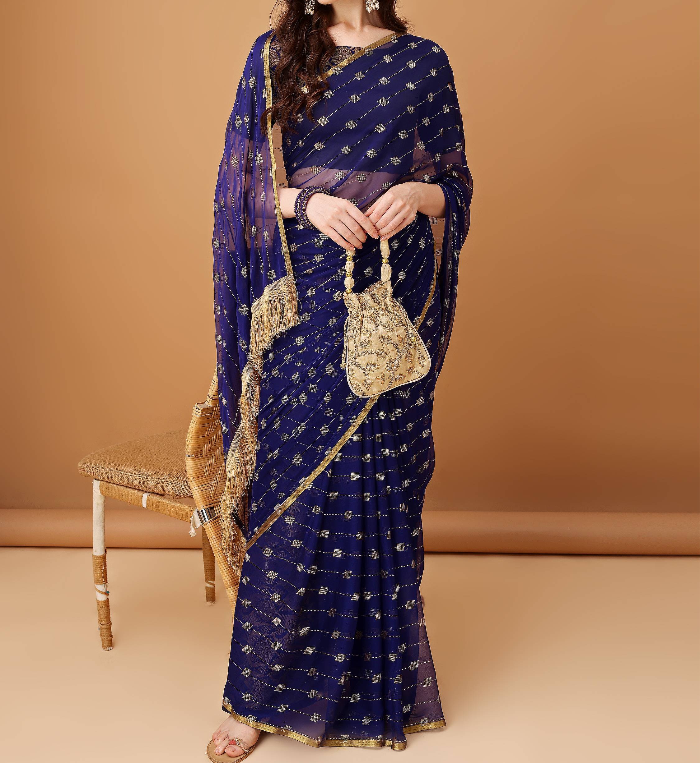     			Parmila Fashion Chiffon Embellished Saree With Unstitched Blouse Piece ( Navy Blue )