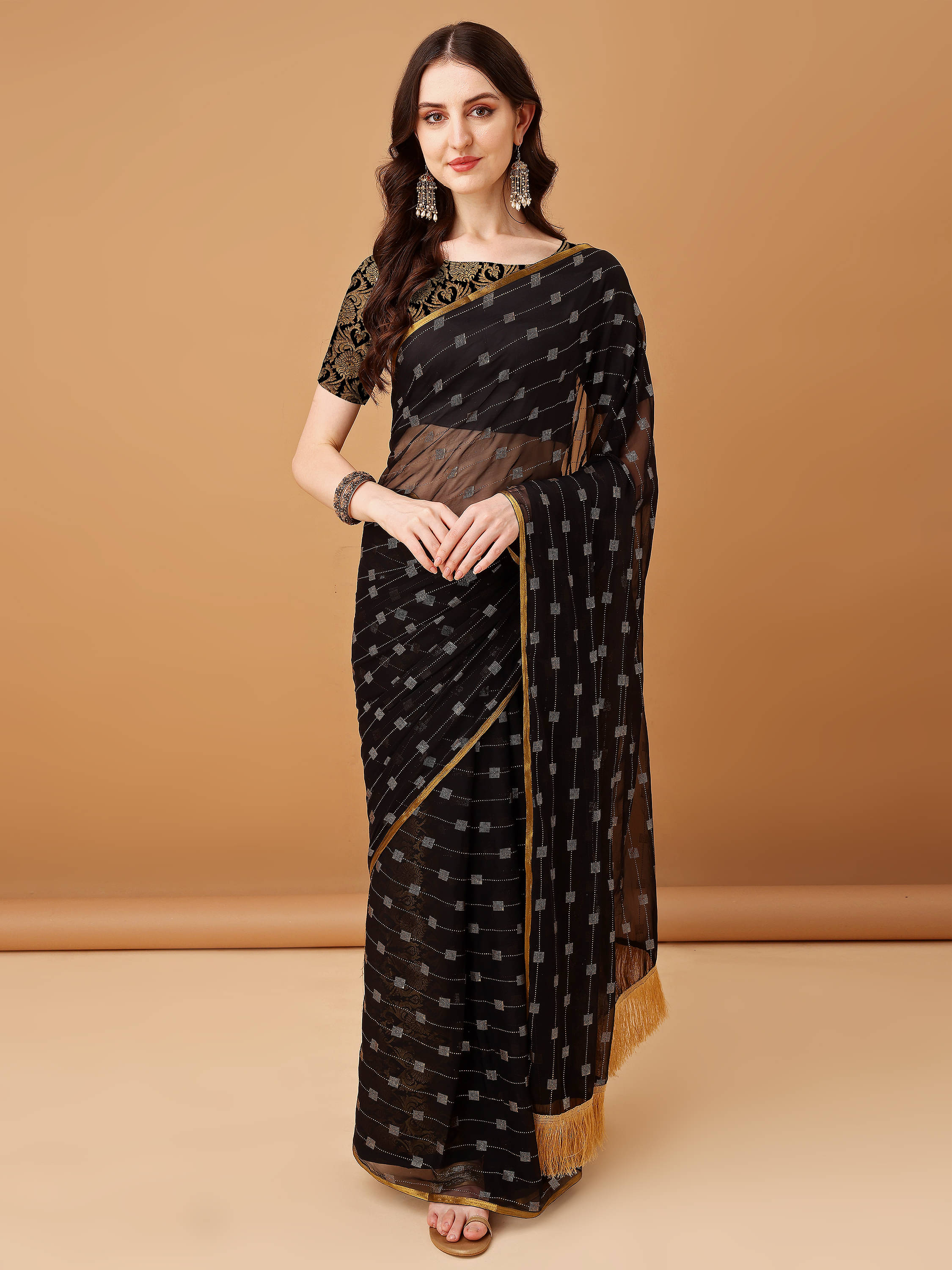 Parmila Fashion Chiffon Embellished Saree With Unstitched Blouse Piece ( Black )     			Parmila Fashion Chiffon Embellished Saree With Unstitched Blouse Piece ( Black )