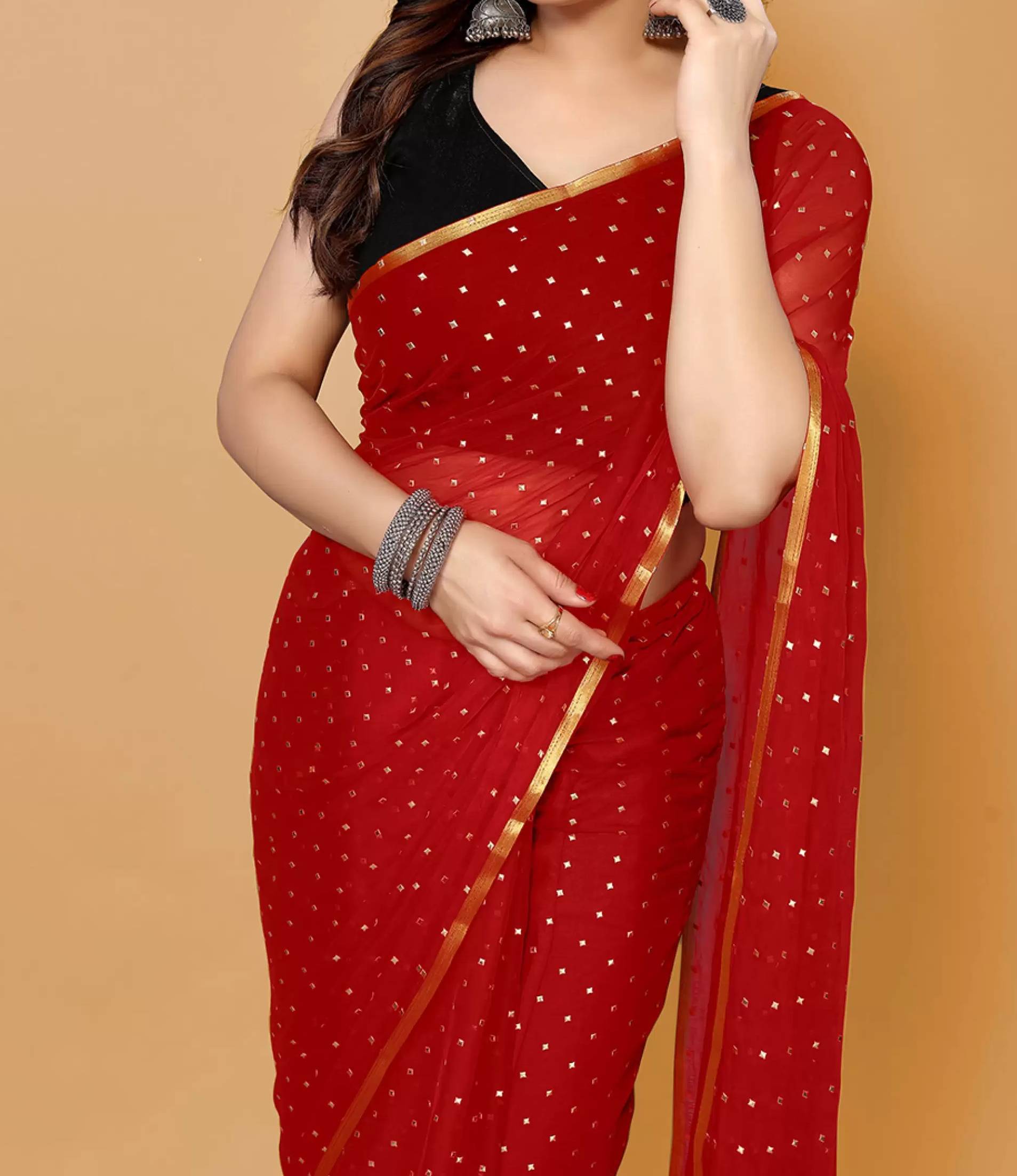     			Parmila Fashion Chiffon Embellished Saree With Unstitched Blouse Piece ( Red )