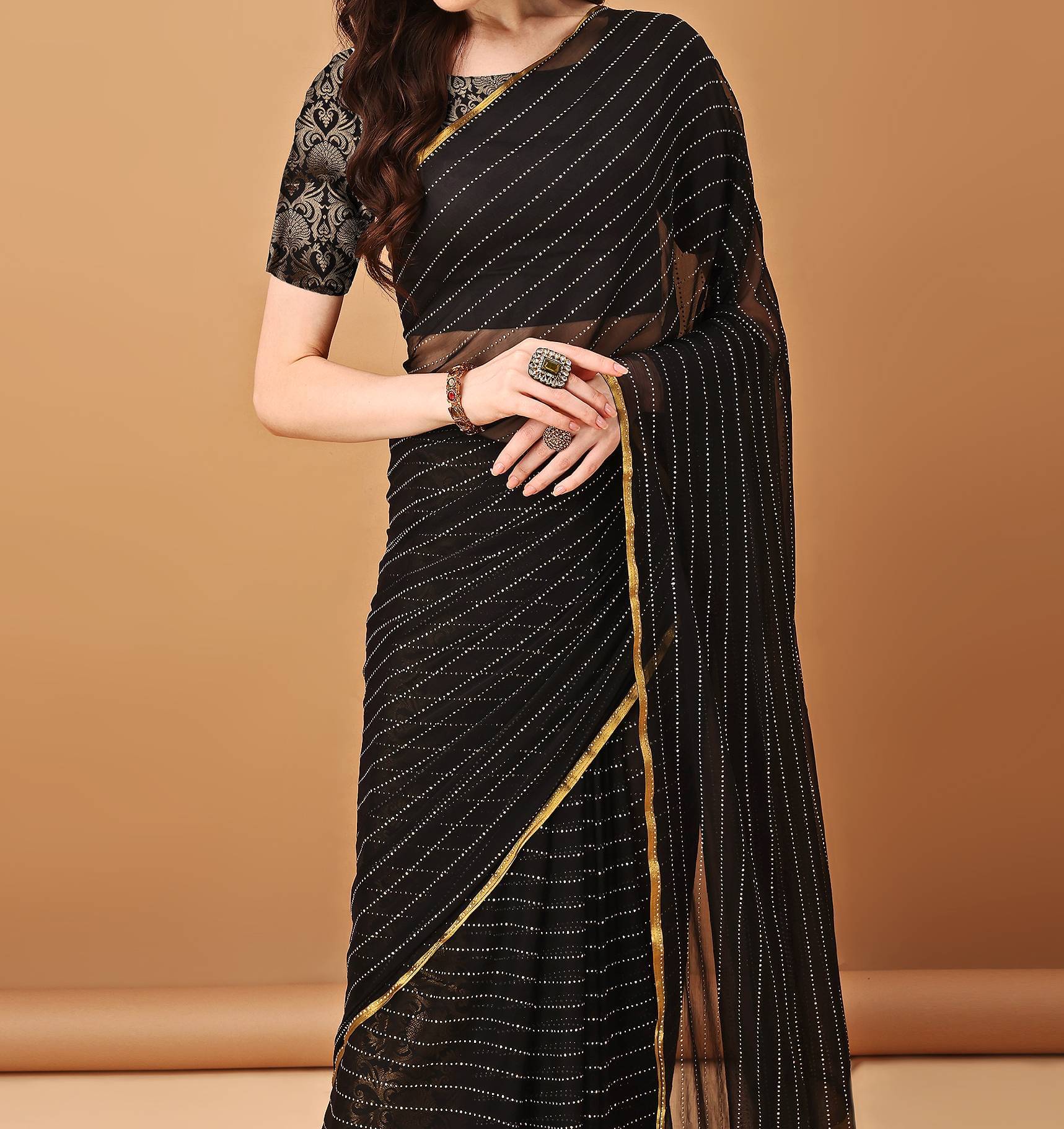     			Parmila Fashion Chiffon Embellished Saree With Unstitched Blouse Piece ( Black )