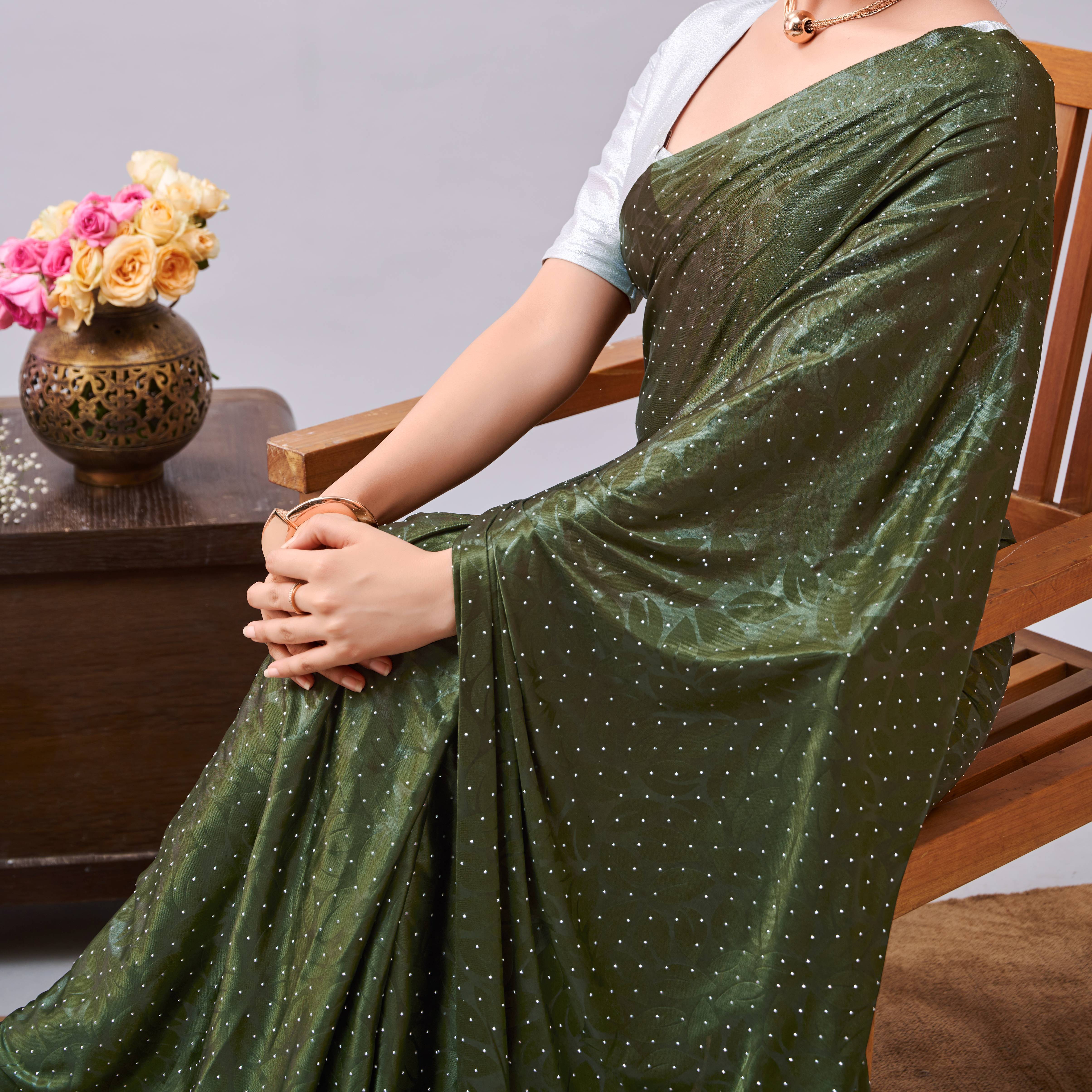 Parmila Fashion Chiffon Embellished Saree With Unstitched Blouse Piece ( Olive ) Parmila Fashion Chiffon Embellished Saree With Unstitched Blouse Piece ( Olive )