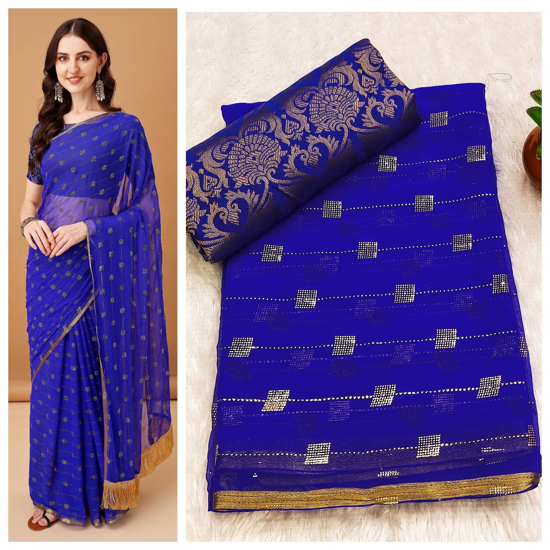     			Parmila Fashion Chiffon Embellished Saree With Unstitched Blouse Piece ( Blue )