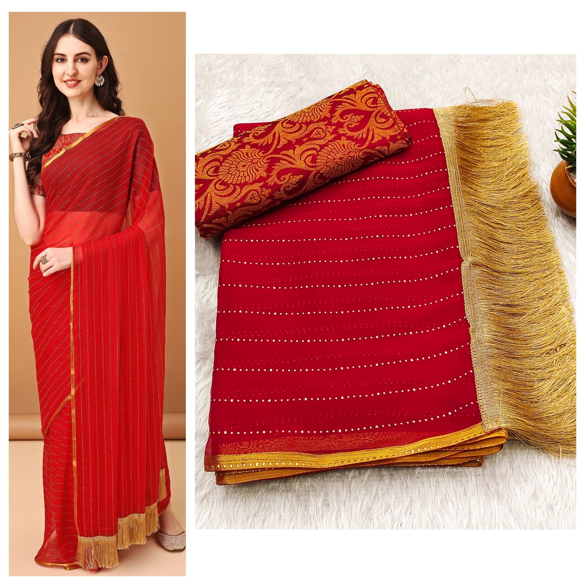 Parmila Fashion Chiffon Embellished Saree With Unstitched Blouse Piece ( Red ) Parmila Fashion Chiffon Embellished Saree With Unstitched Blouse Piece ( Red )