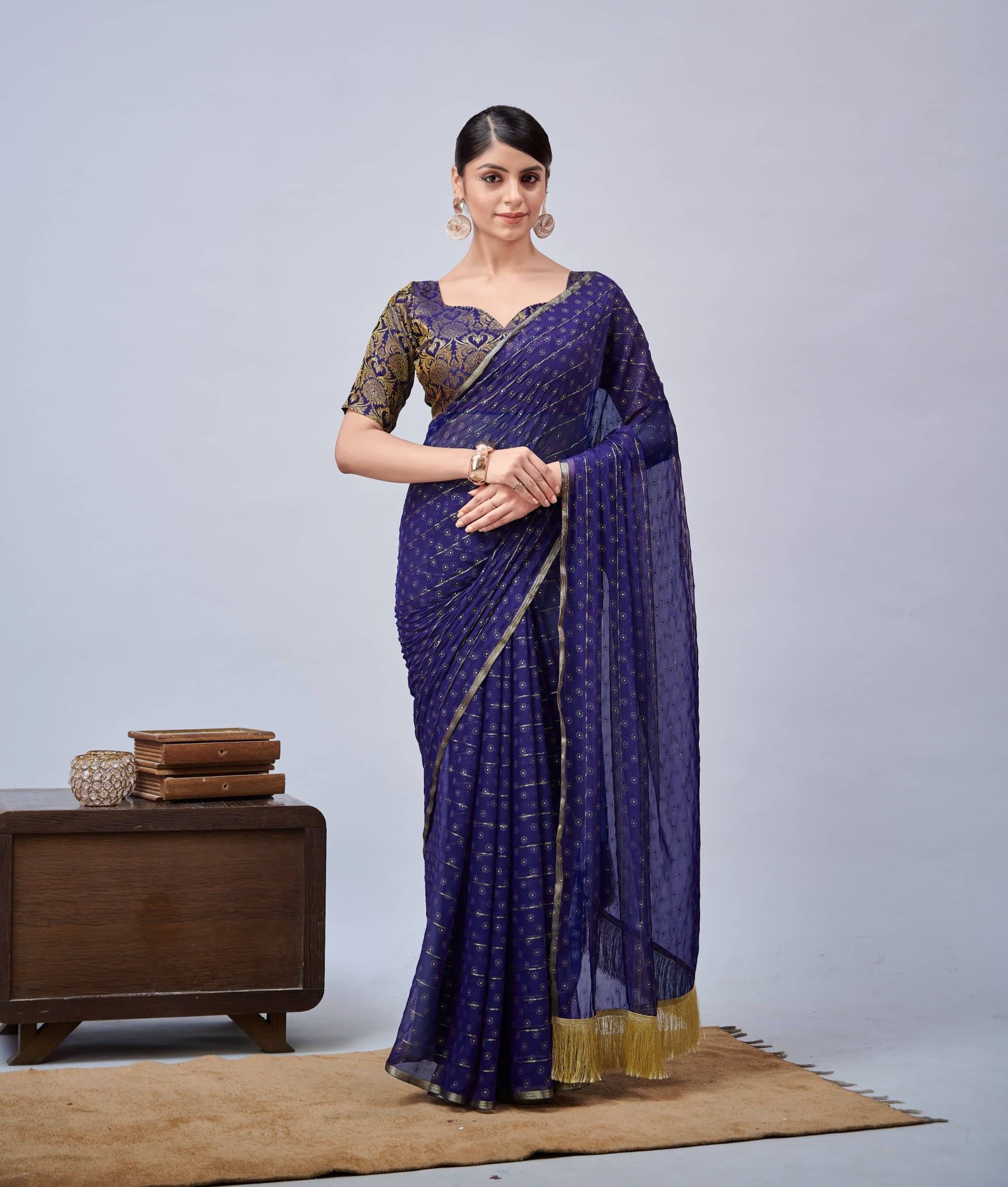Parmila Fashion Chiffon Embellished Saree With Unstitched Blouse Piece ( Navy Blue ) Parmila Fashion Chiffon Embellished Saree With Unstitched Blouse Piece ( Navy Blue )