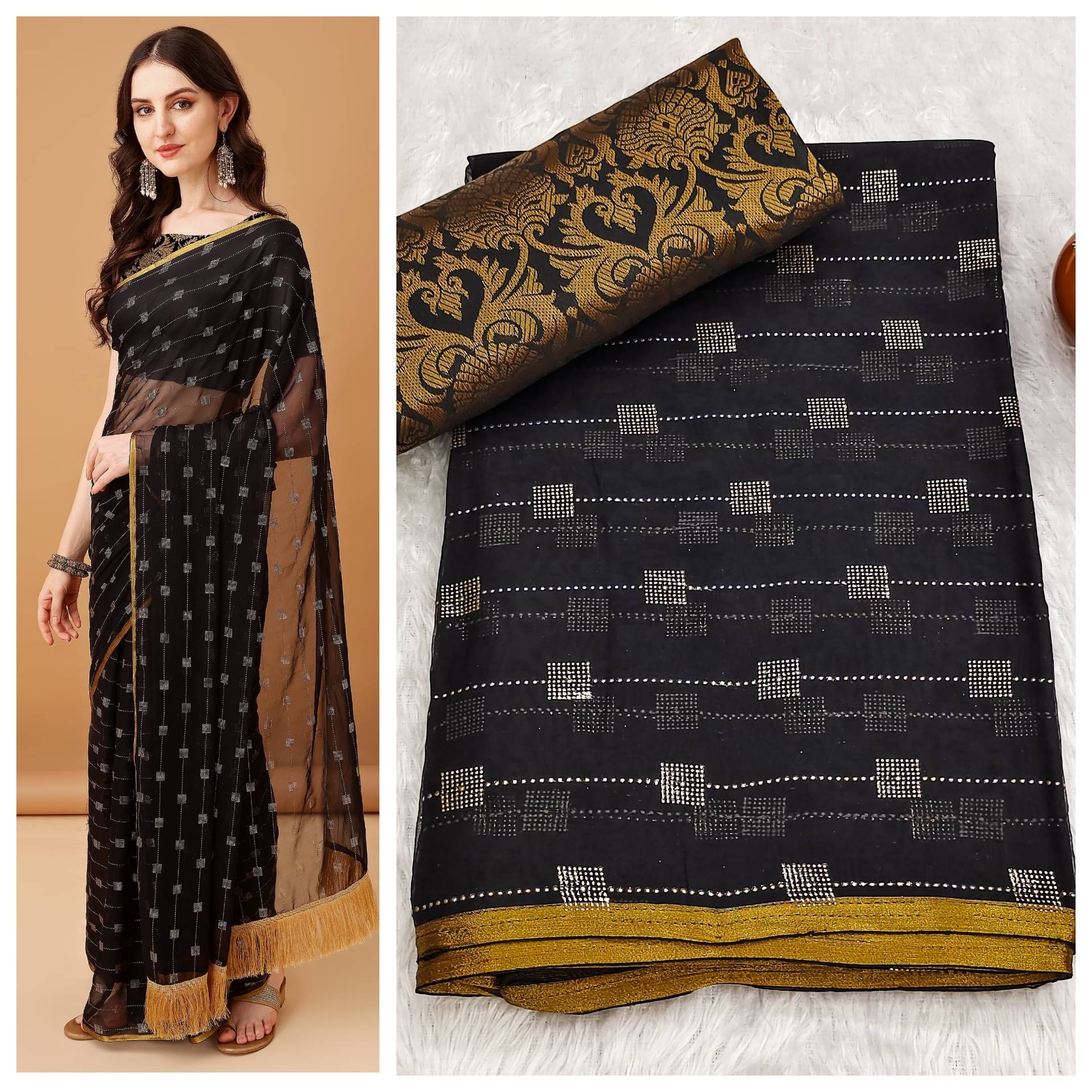 Parmila Fashion Chiffon Embellished Saree With Unstitched Blouse Piece ( Black ) Parmila Fashion Chiffon Embellished Saree With Unstitched Blouse Piece ( Black )