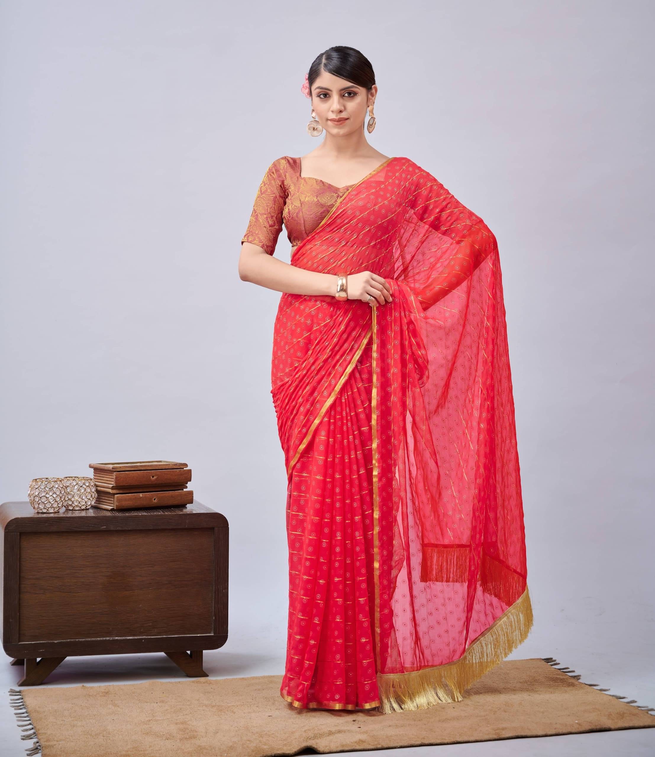     			Parmila Fashion Chiffon Embellished Saree With Unstitched Blouse Piece ( Pink )