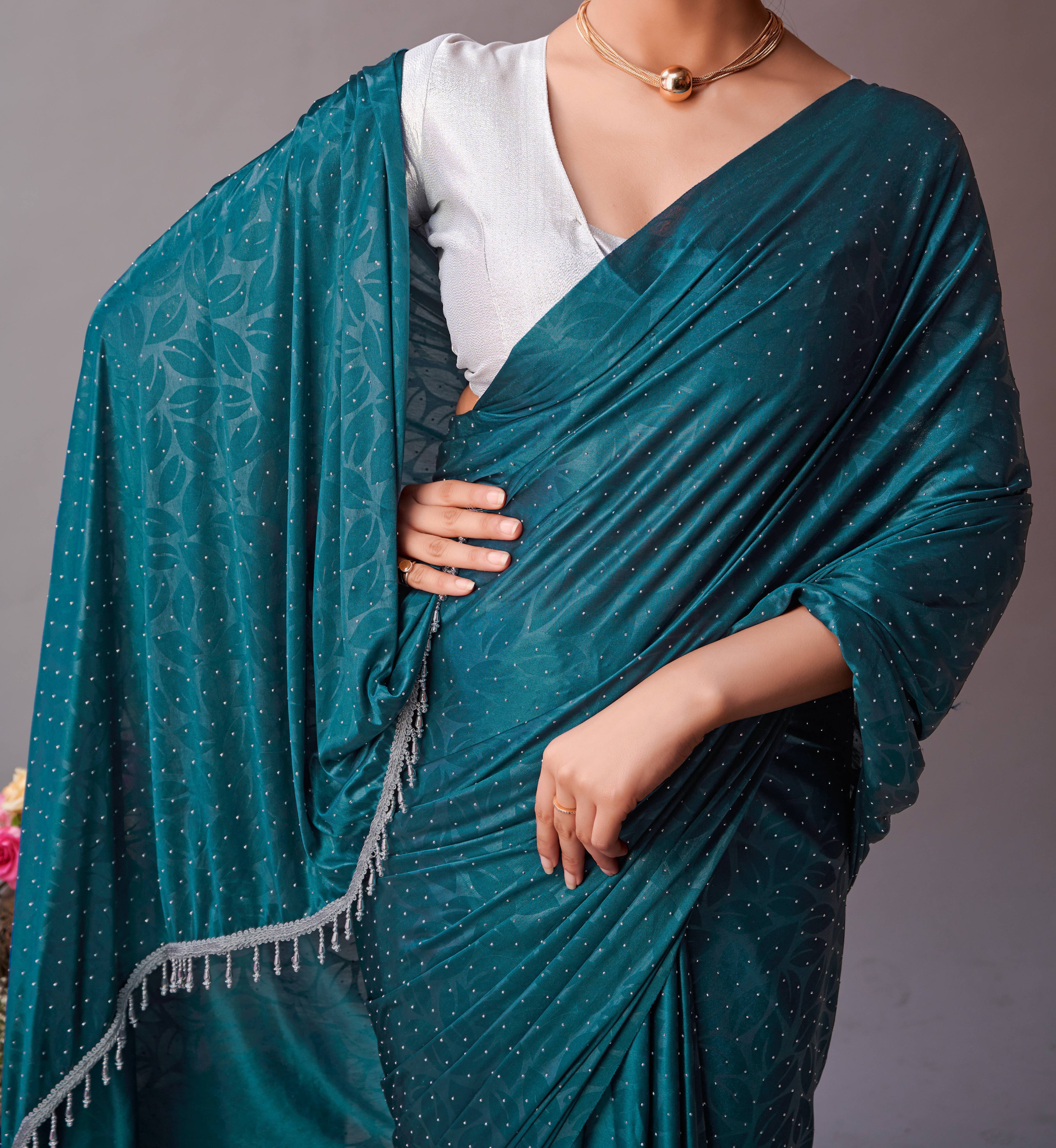 Parmila Fashion Chiffon Embellished Saree With Unstitched Blouse Piece ( Teal )     			Parmila Fashion Chiffon Embellished Saree With Unstitched Blouse Piece ( Teal )