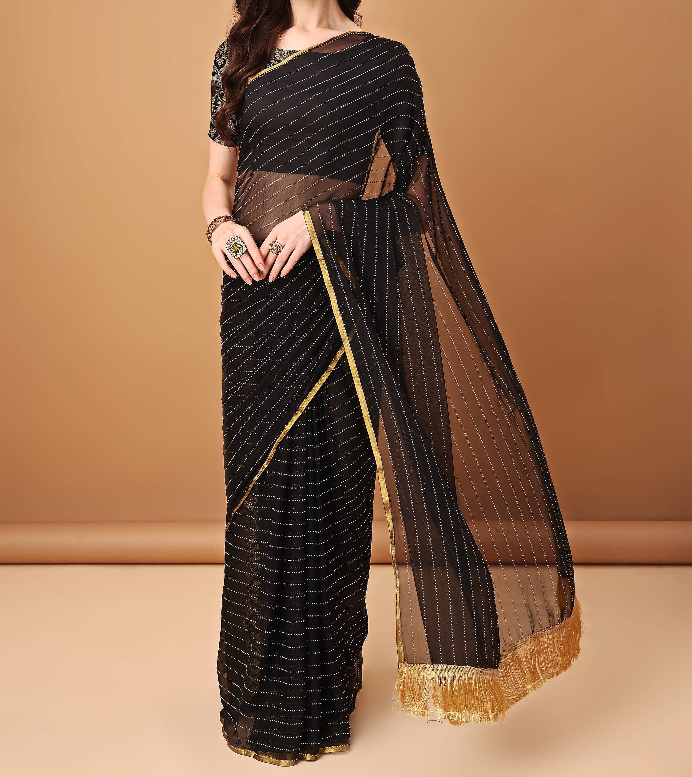     			Parmila Fashion Chiffon Embellished Saree With Unstitched Blouse Piece ( Black )