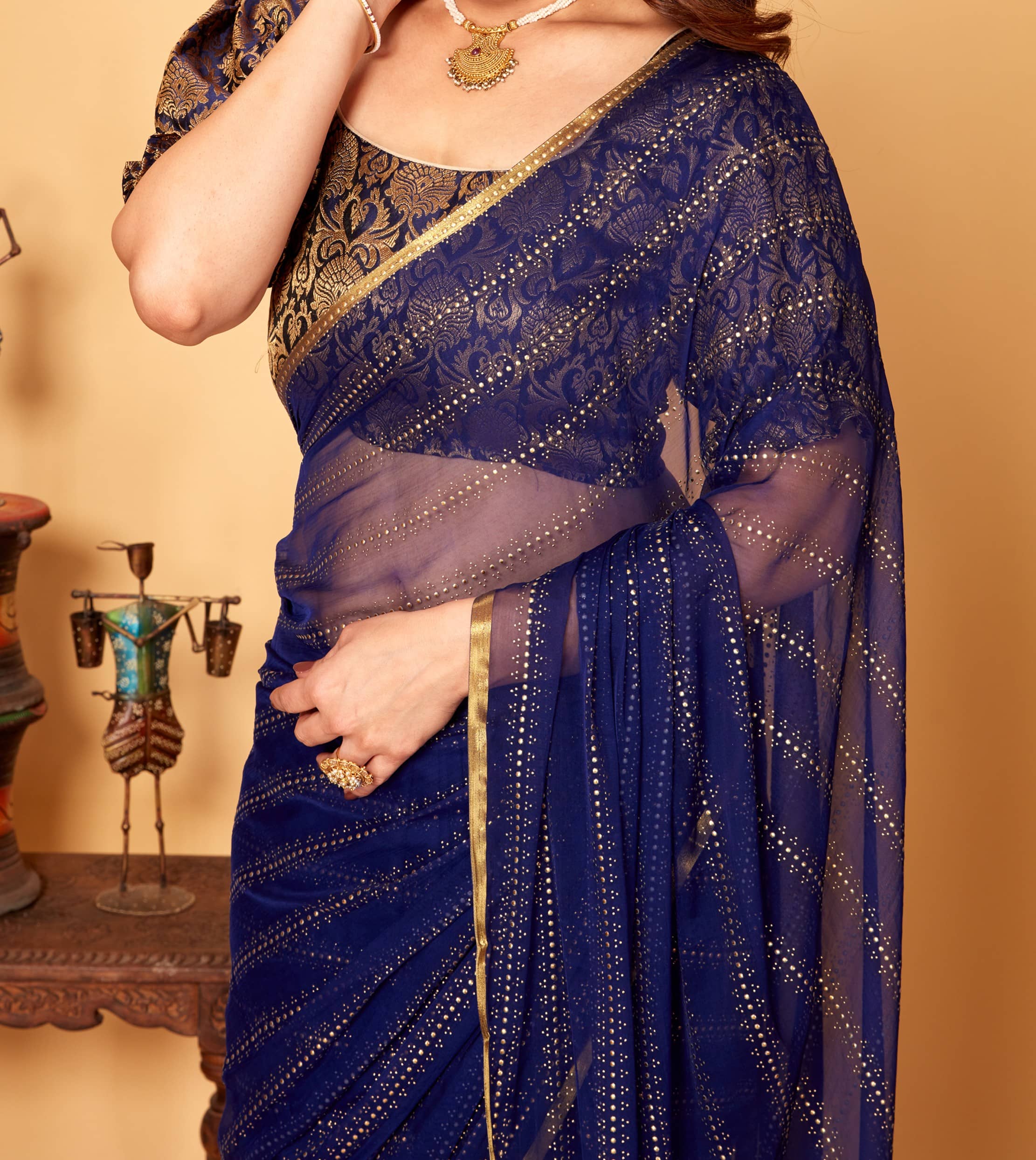 Parmila Fashion Chiffon Embellished Saree With Unstitched Blouse Piece ( Navy Blue ) - Sarees | Buy online on ZillyBuy