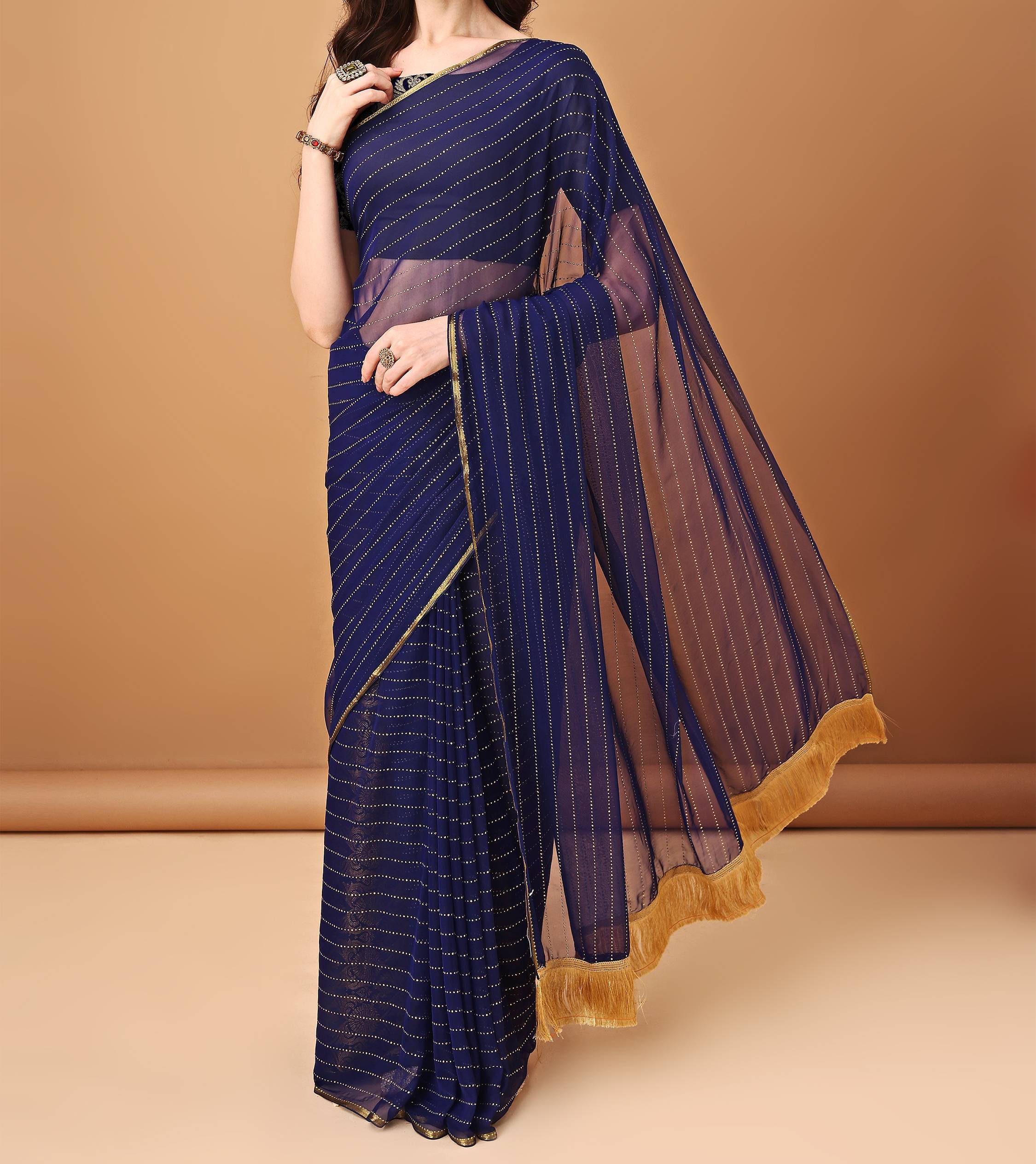 Parmila Fashion Chiffon Embellished Saree With Unstitched Blouse Piece ( Navy Blue ) Parmila Fashion Chiffon Embellished Saree With Unstitched Blouse Piece ( Navy Blue )