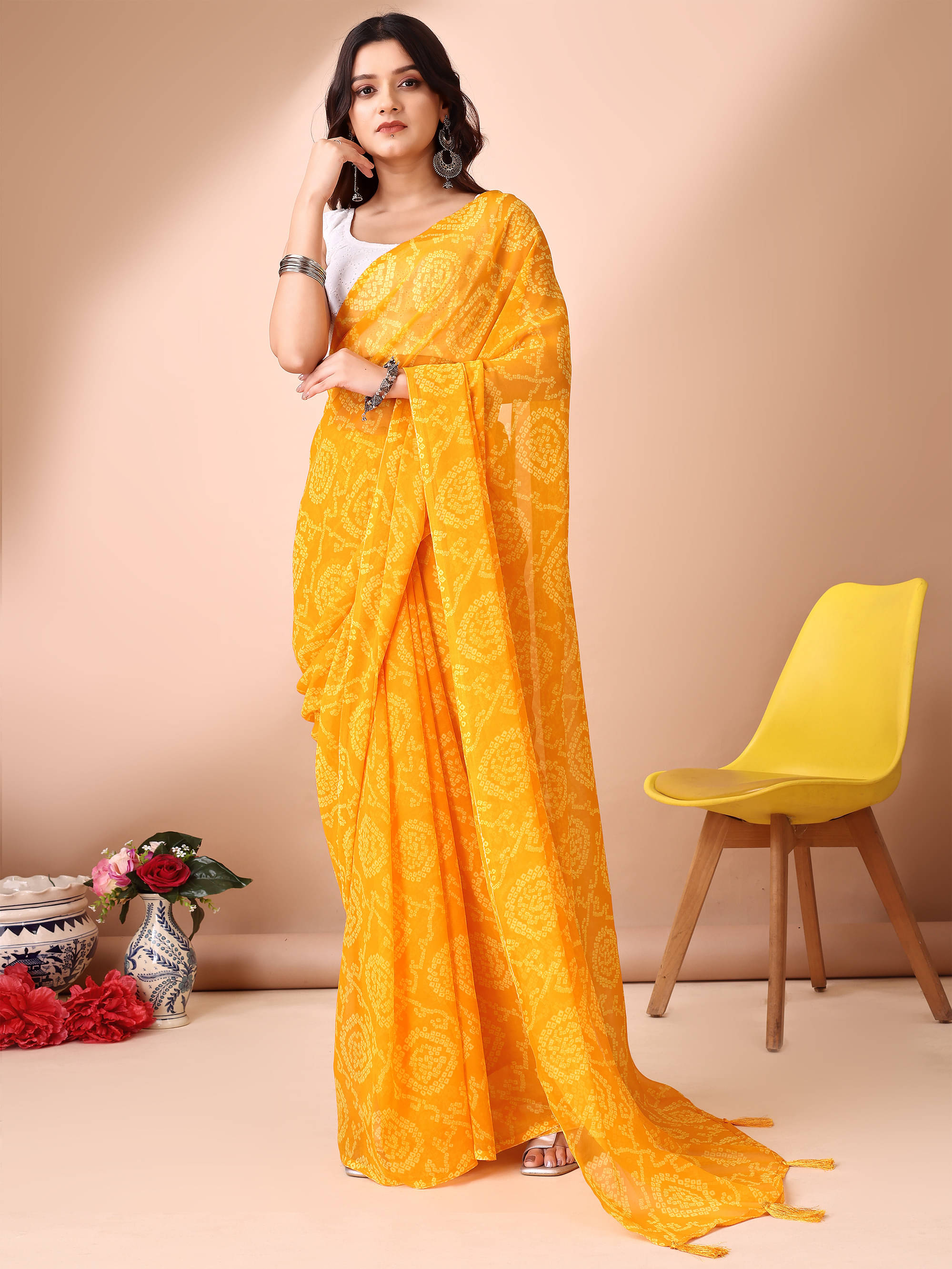     			Parmila Fashion Chiffon Printed Saree With Unstitched Blouse Piece ( Gold )