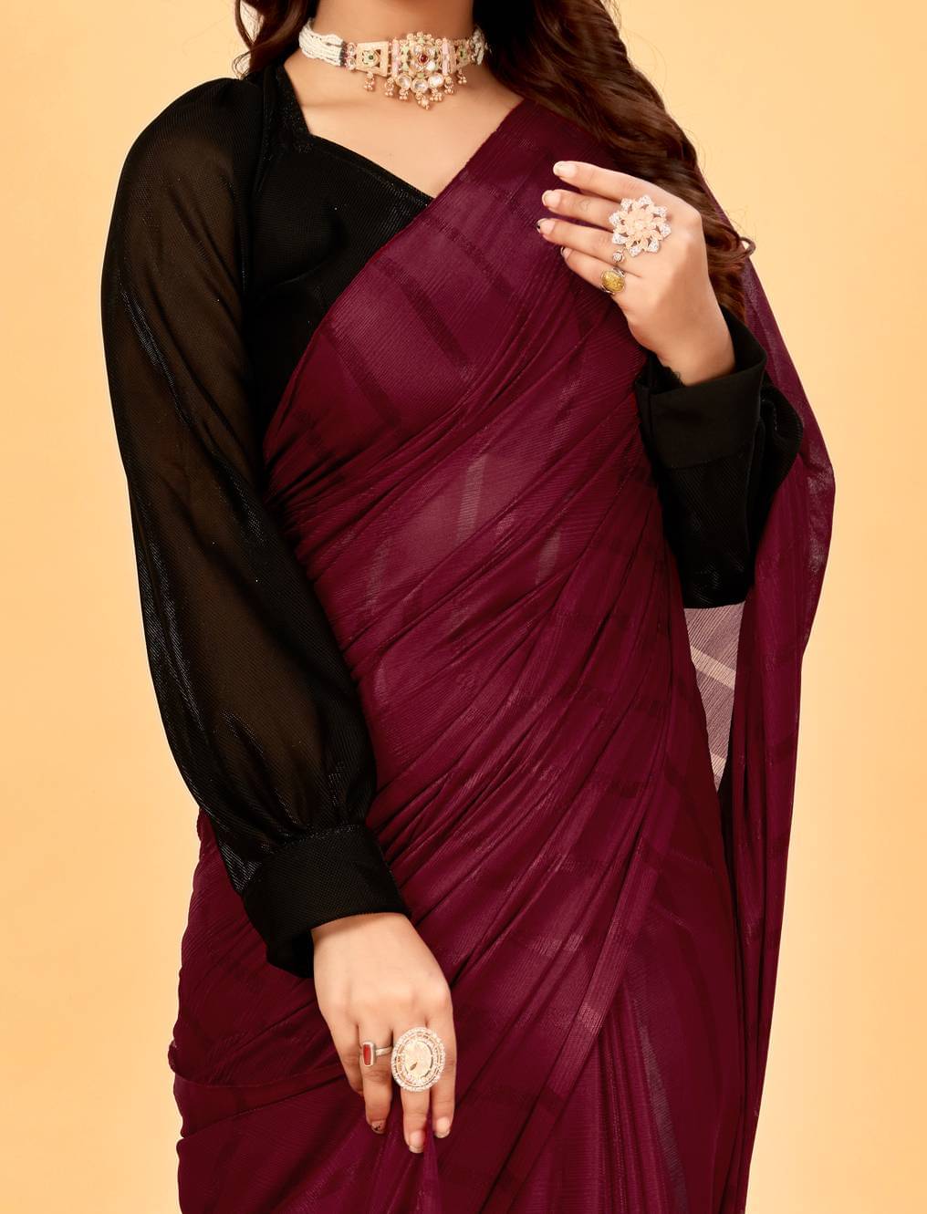 Parmila Fashion Chiffon Striped Saree With Unstitched Blouse Piece ( Maroon ) Parmila Fashion Chiffon Striped Saree With Unstitched Blouse Piece ( Maroon )