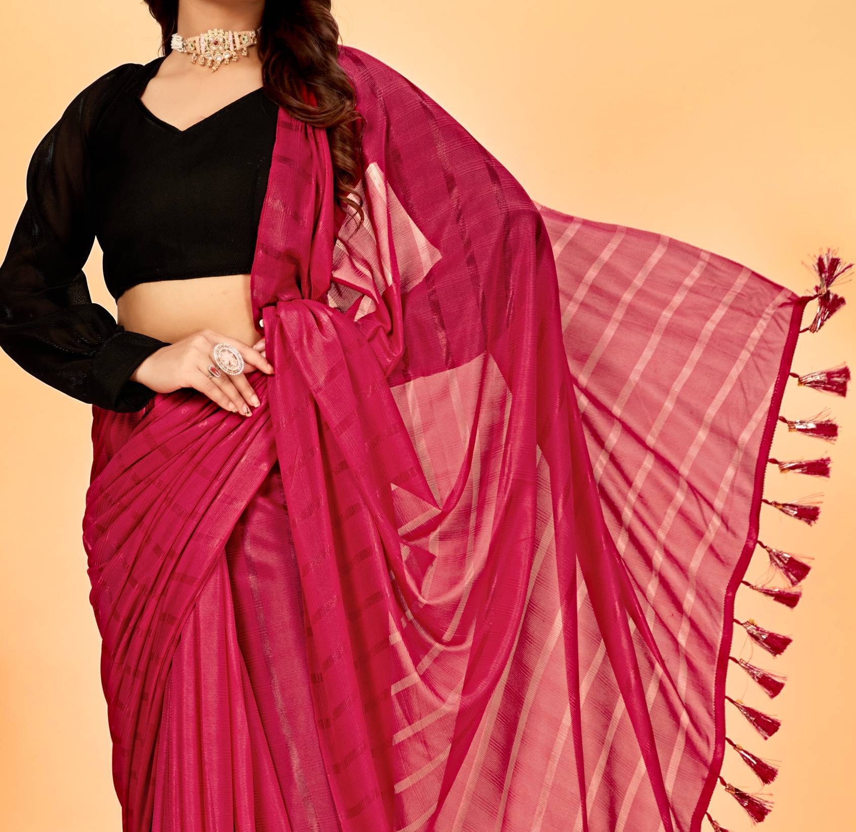     			Parmila Fashion Chiffon Striped Saree With Unstitched Blouse Piece ( Pink )