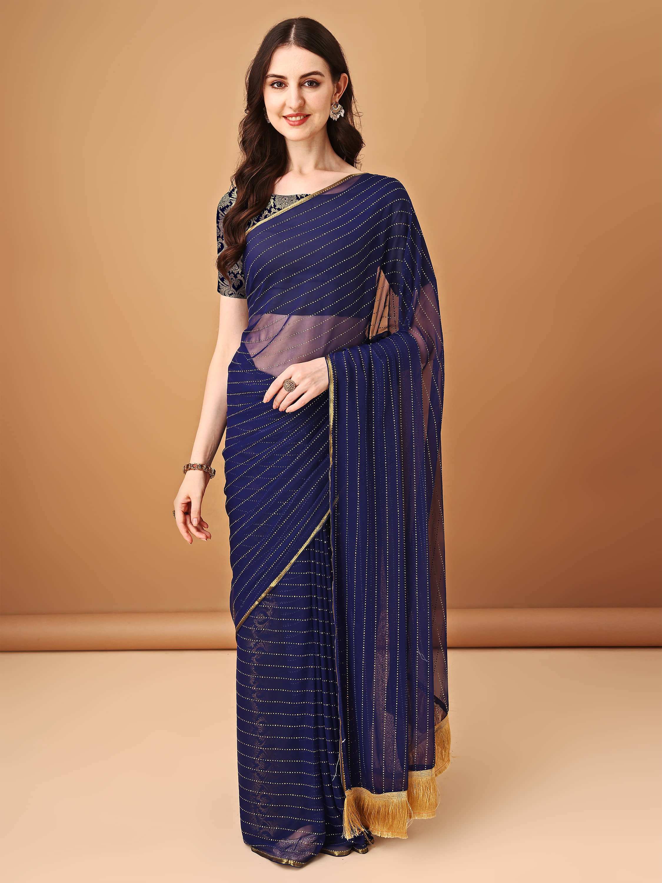 Parmila Fashion Georgette Embellished Saree With Unstitched Blouse Piece ( Navy Blue ) - Sarees | Buy online on ZillyBuy