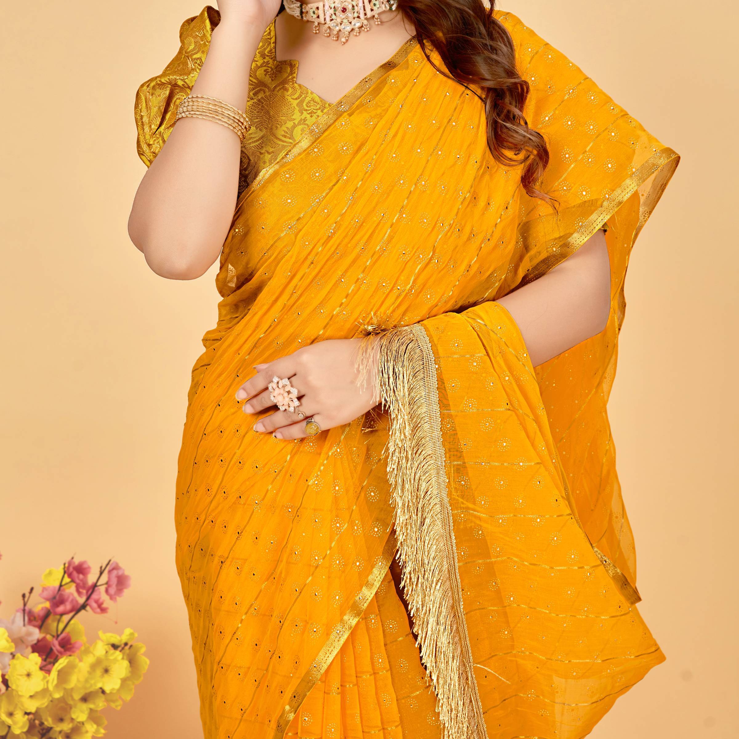     			Parmila Fashion Georgette Embellished Saree With Unstitched Blouse Piece ( Gold )