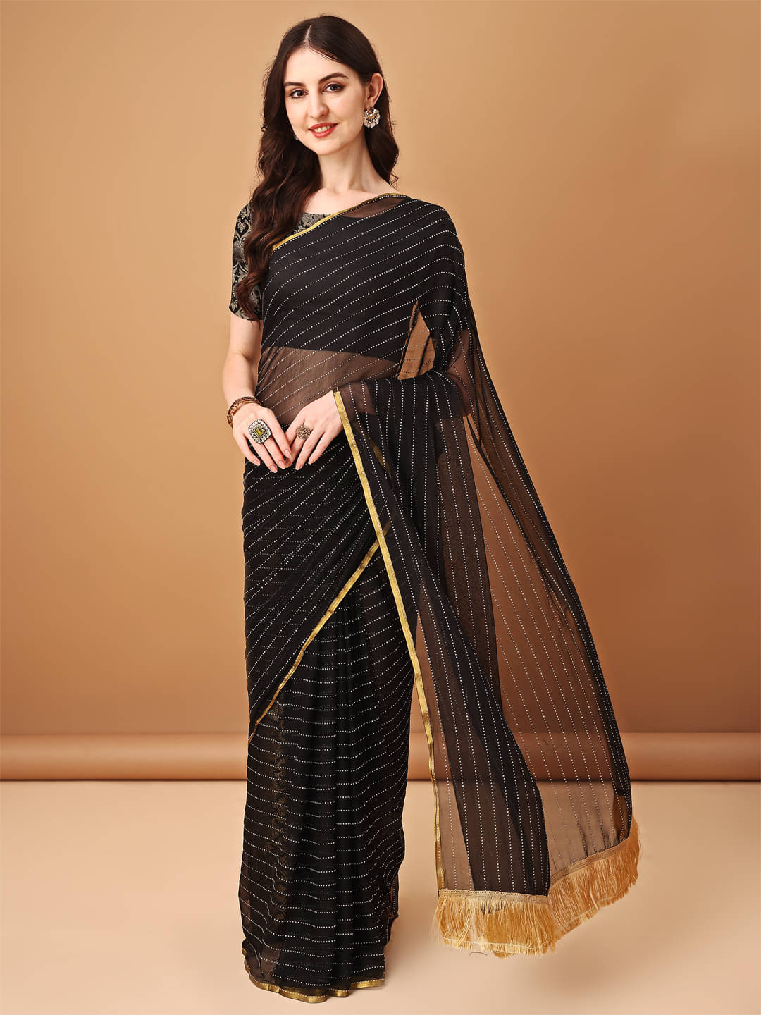     			Parmila Fashion Georgette Embellished Saree With Unstitched Blouse Piece ( Black )