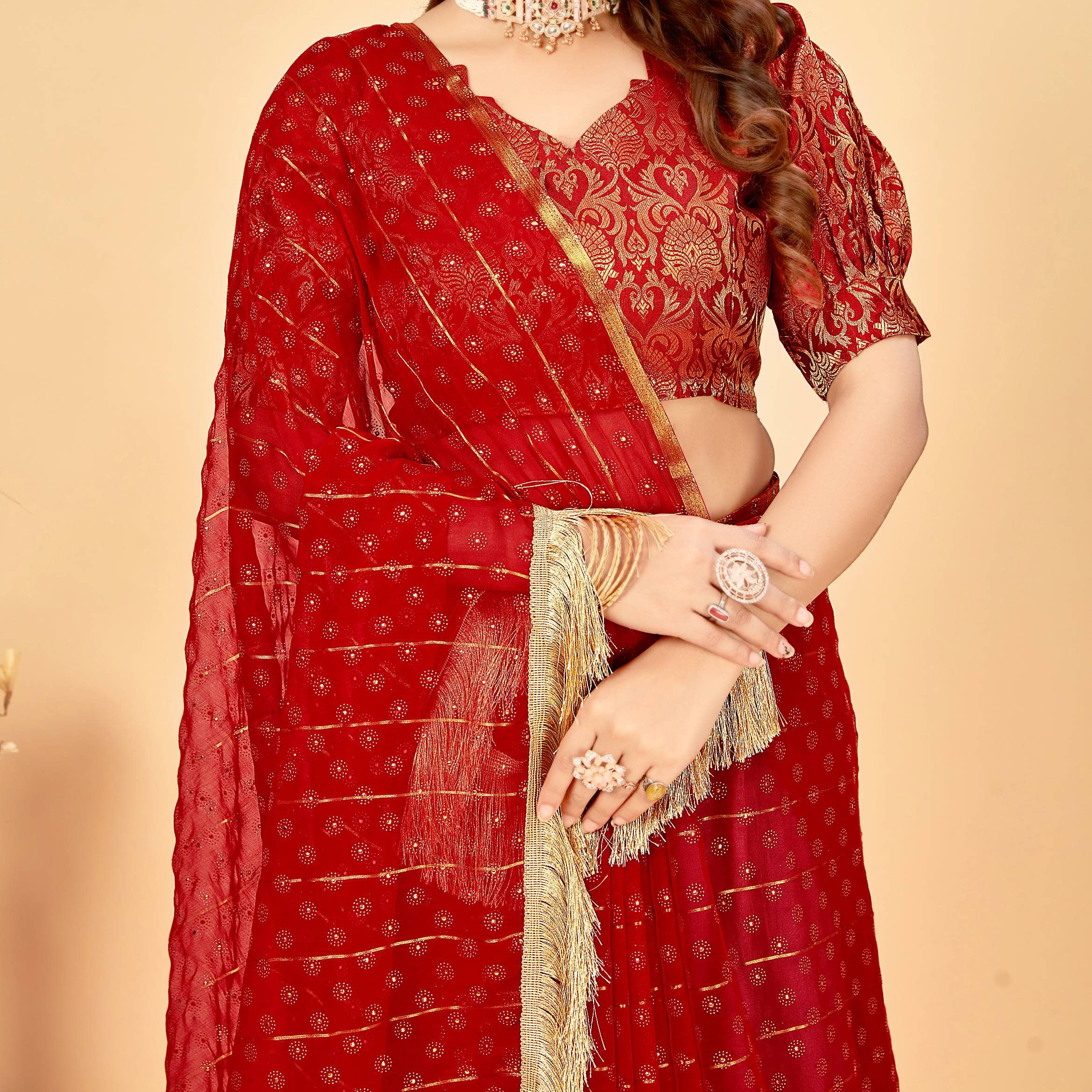Parmila Fashion Georgette Embellished Saree With Unstitched Blouse Piece ( Red ) - Sarees | Buy online on ZillyBuy