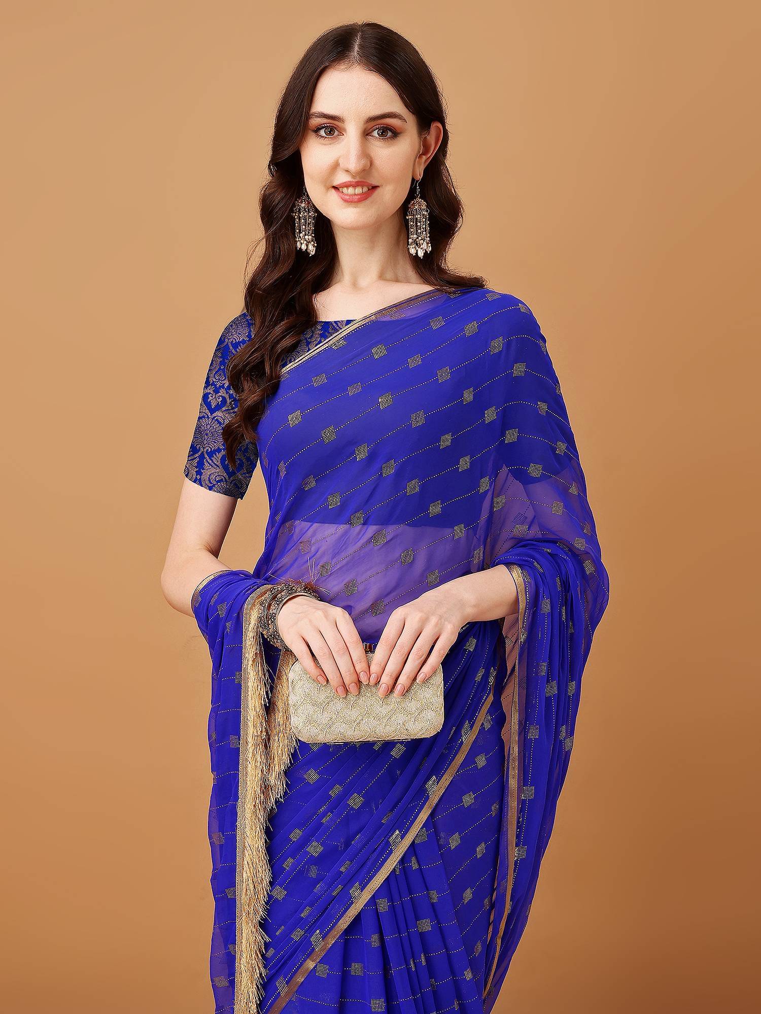     			Parmila Fashion Georgette Embellished Saree With Unstitched Blouse Piece ( Blue )