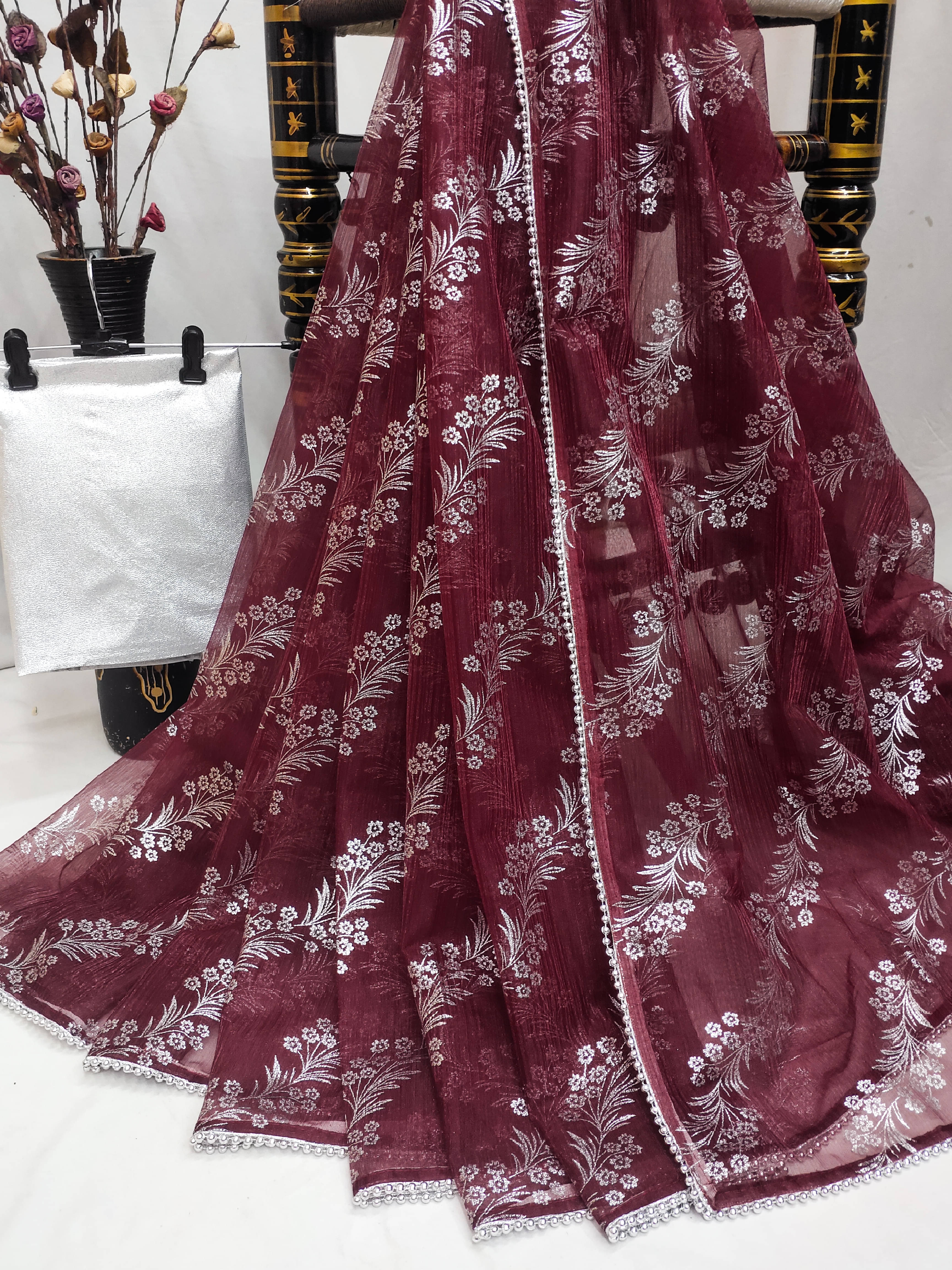     			Parmila Fashion Organza Embellished Saree With Unstitched Blouse Piece ( Maroon )