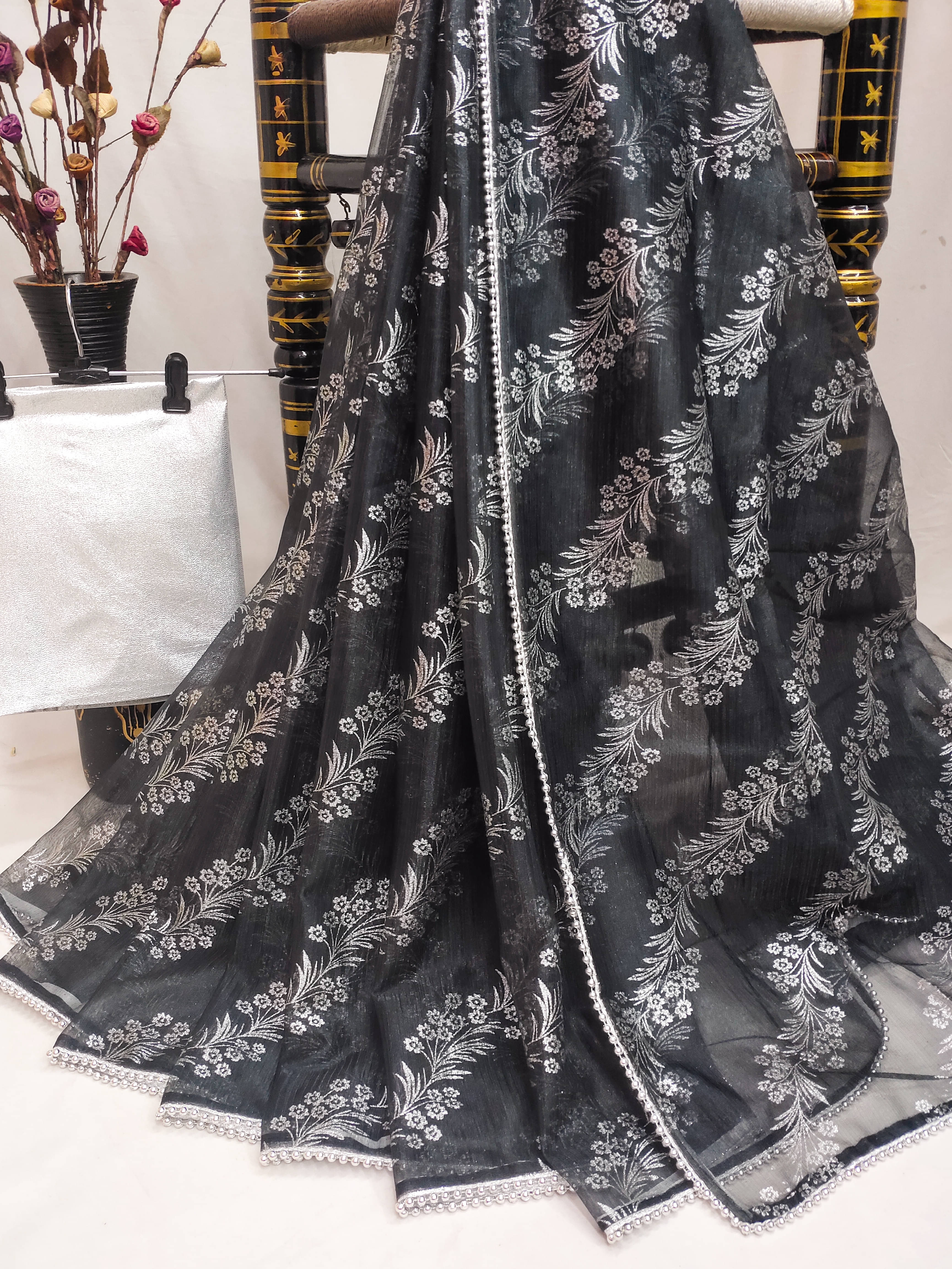     			Parmila Fashion Organza Embellished Saree With Unstitched Blouse Piece ( Grey )