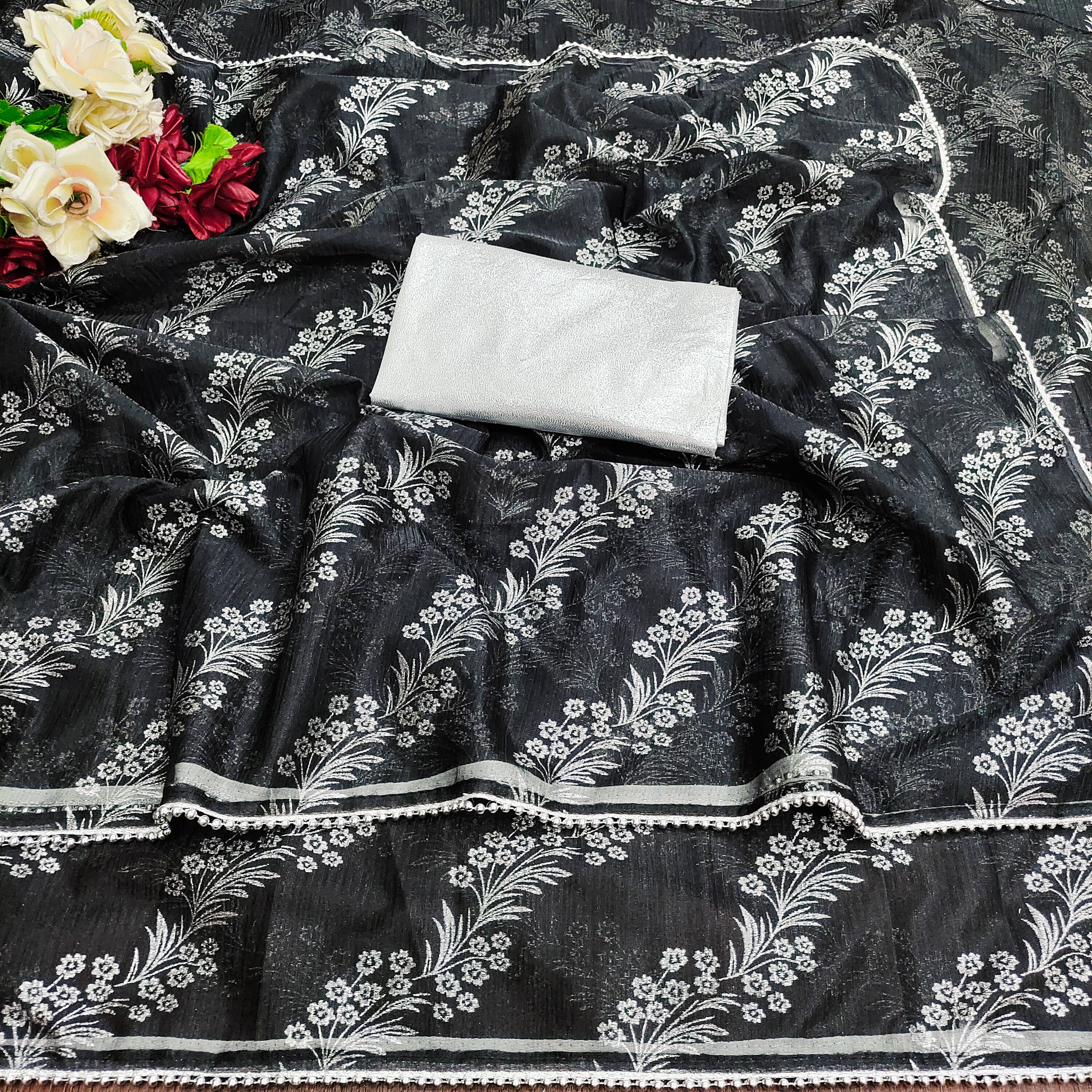     			Parmila Fashion Organza Embellished Saree With Unstitched Blouse Piece ( Grey )