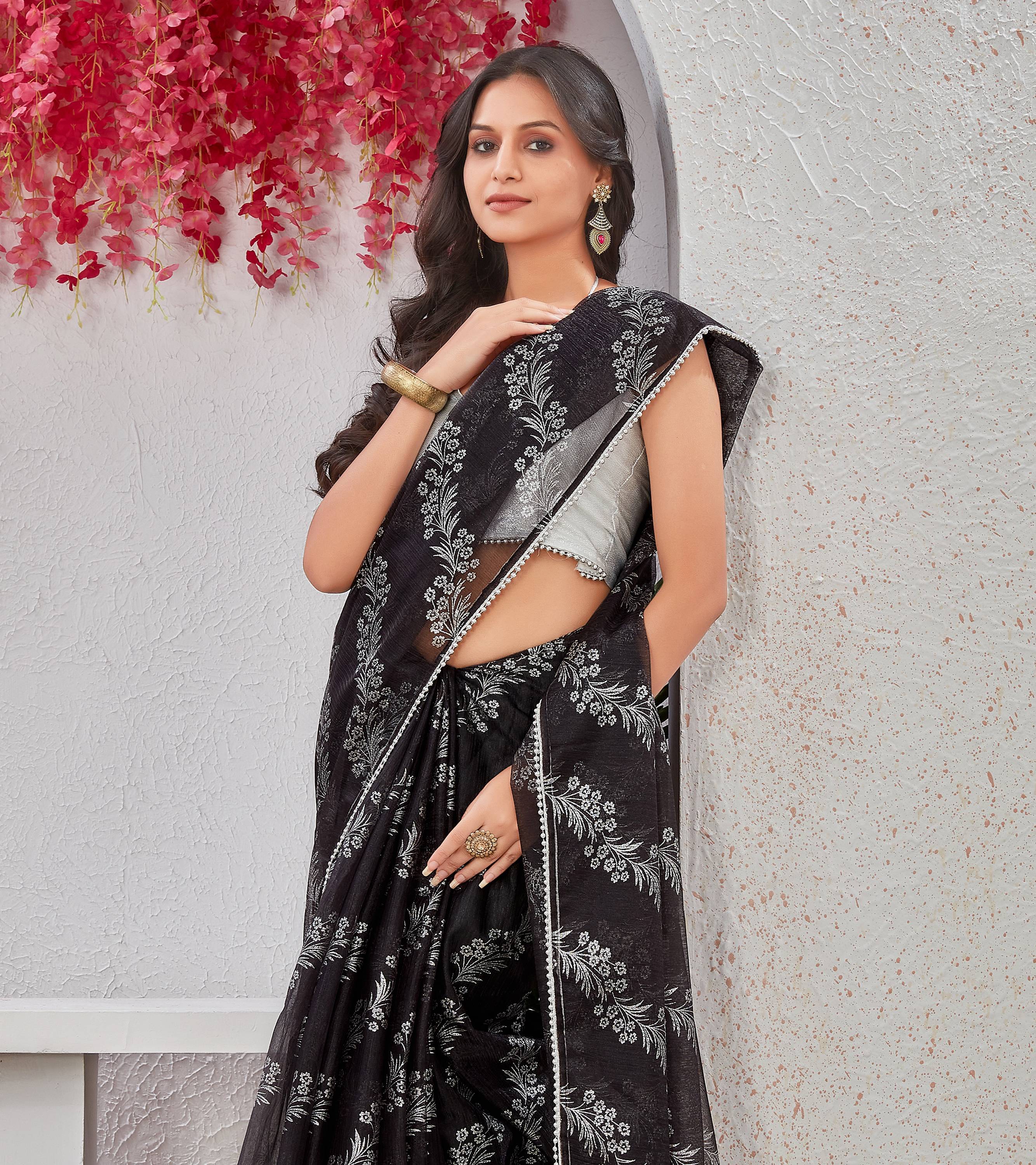     			Parmila Fashion Organza Embellished Saree With Unstitched Blouse Piece ( Grey )