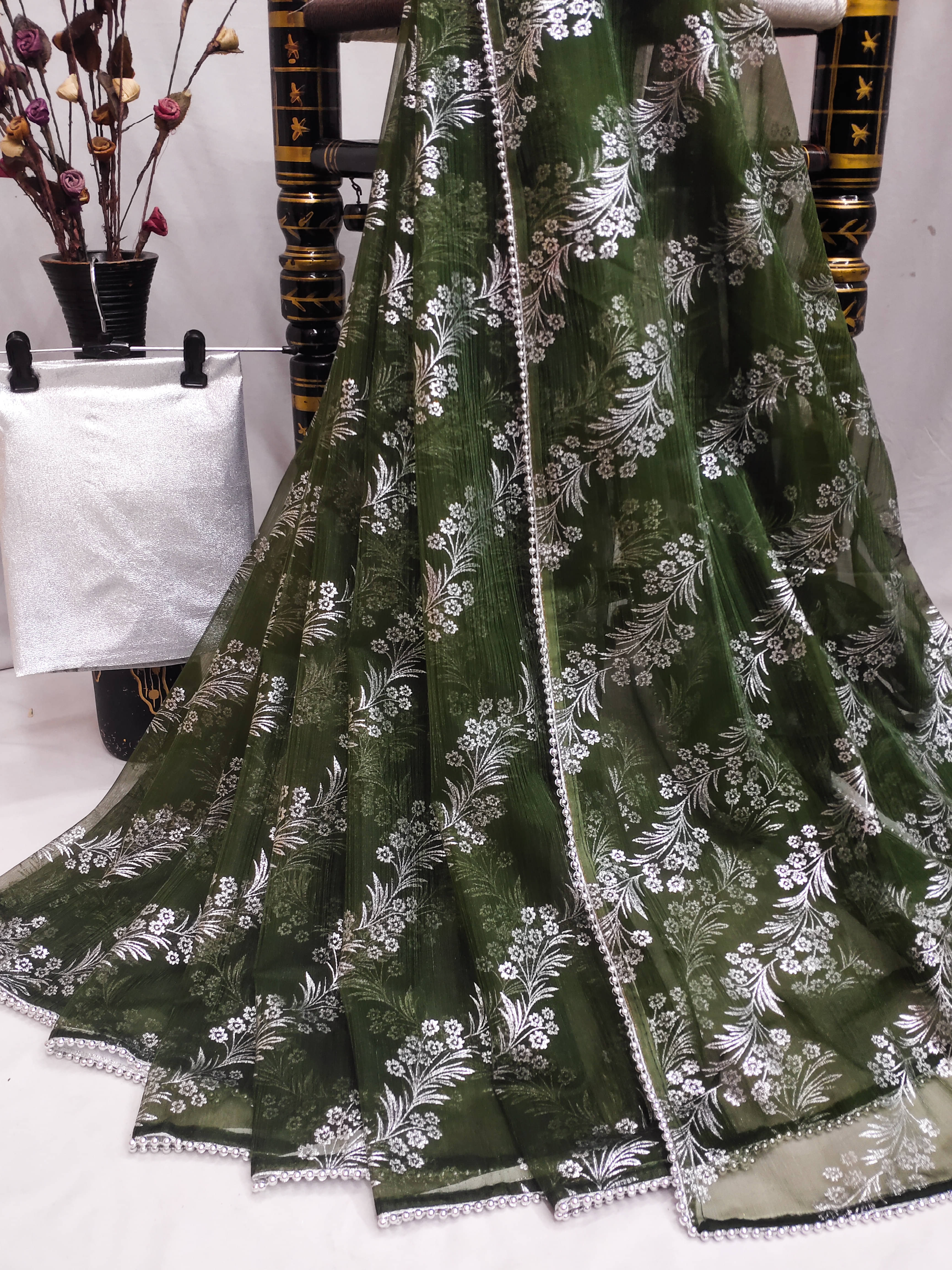 Parmila Fashion Organza Embellished Saree With Unstitched Blouse Piece ( Olive ) Parmila Fashion Organza Embellished Saree With Unstitched Blouse Piece ( Olive )