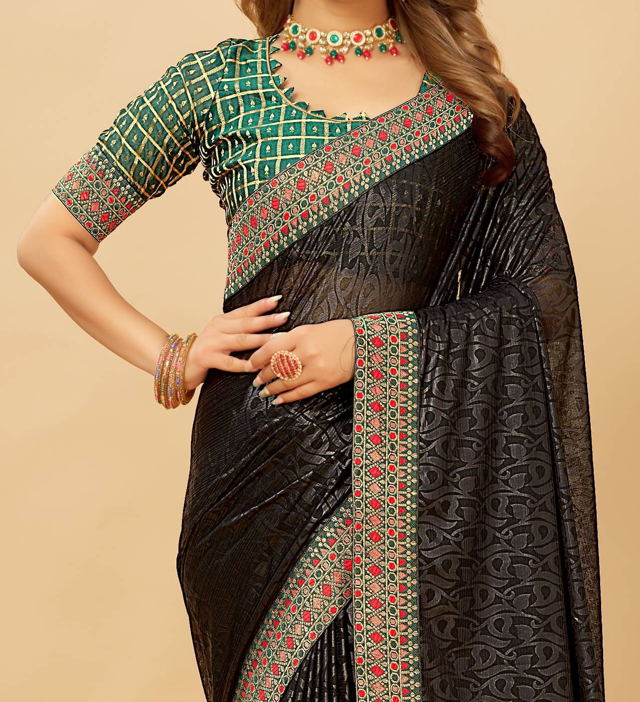     			Parmila Fashion Silk Blend Embellished Saree With Unstitched Blouse Piece ( Black )