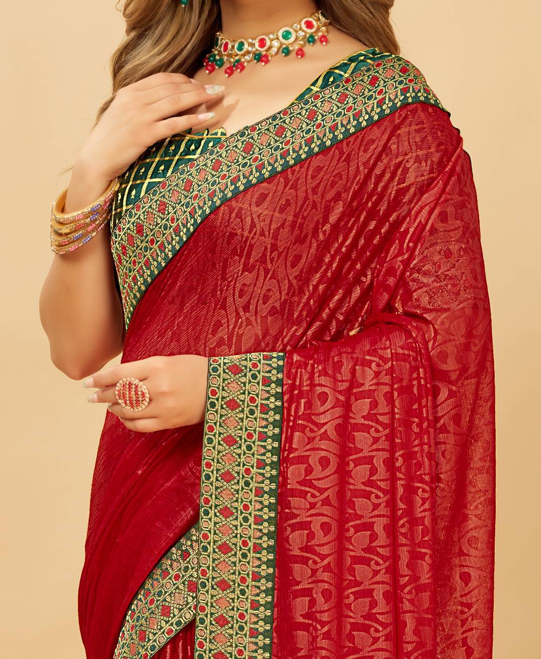    			Parmila Fashion Silk Blend Embellished Saree With Unstitched Blouse Piece ( Red )