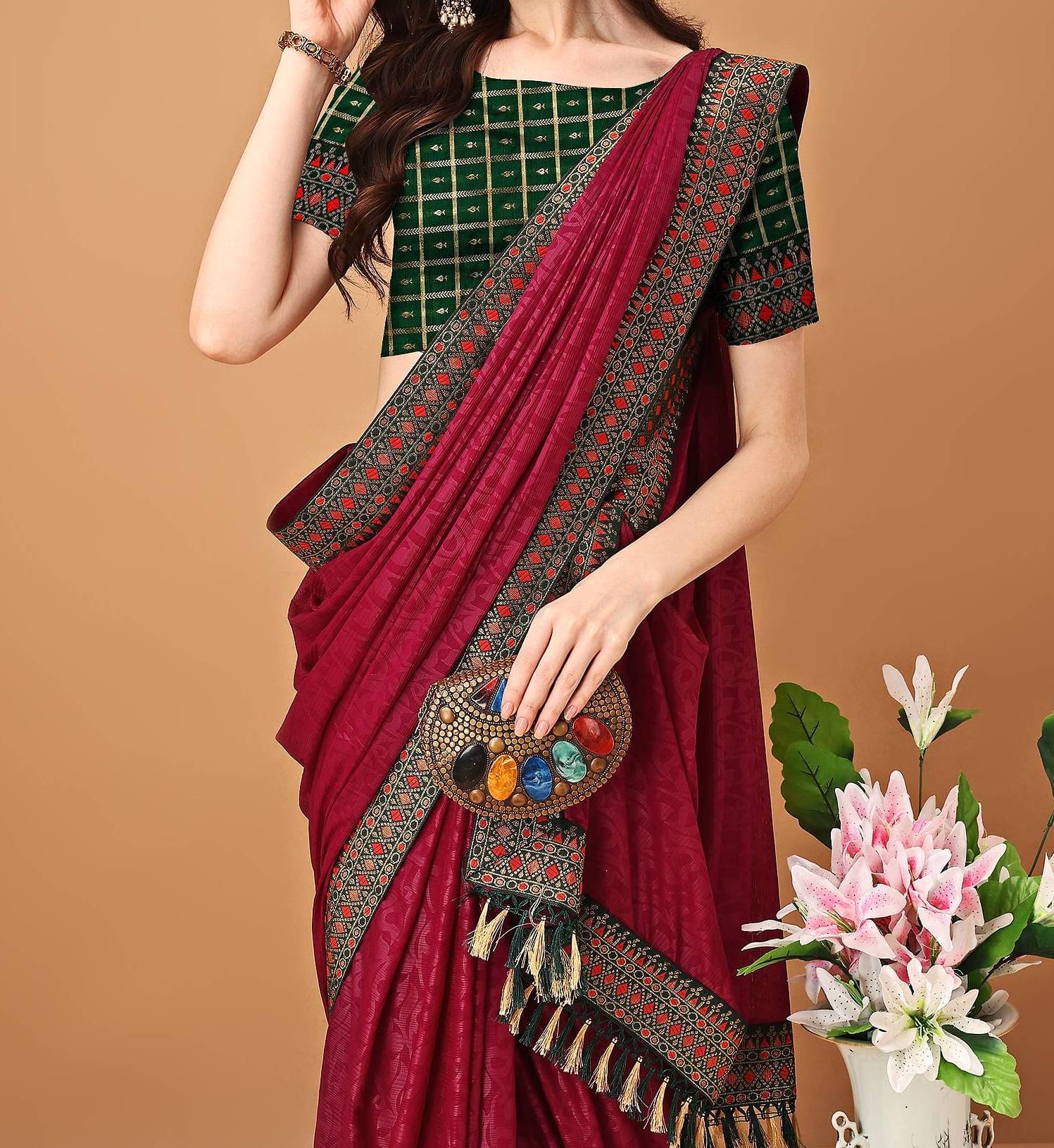     			Parmila Fashion Silk Blend Embellished Saree With Unstitched Blouse Piece ( Purple )