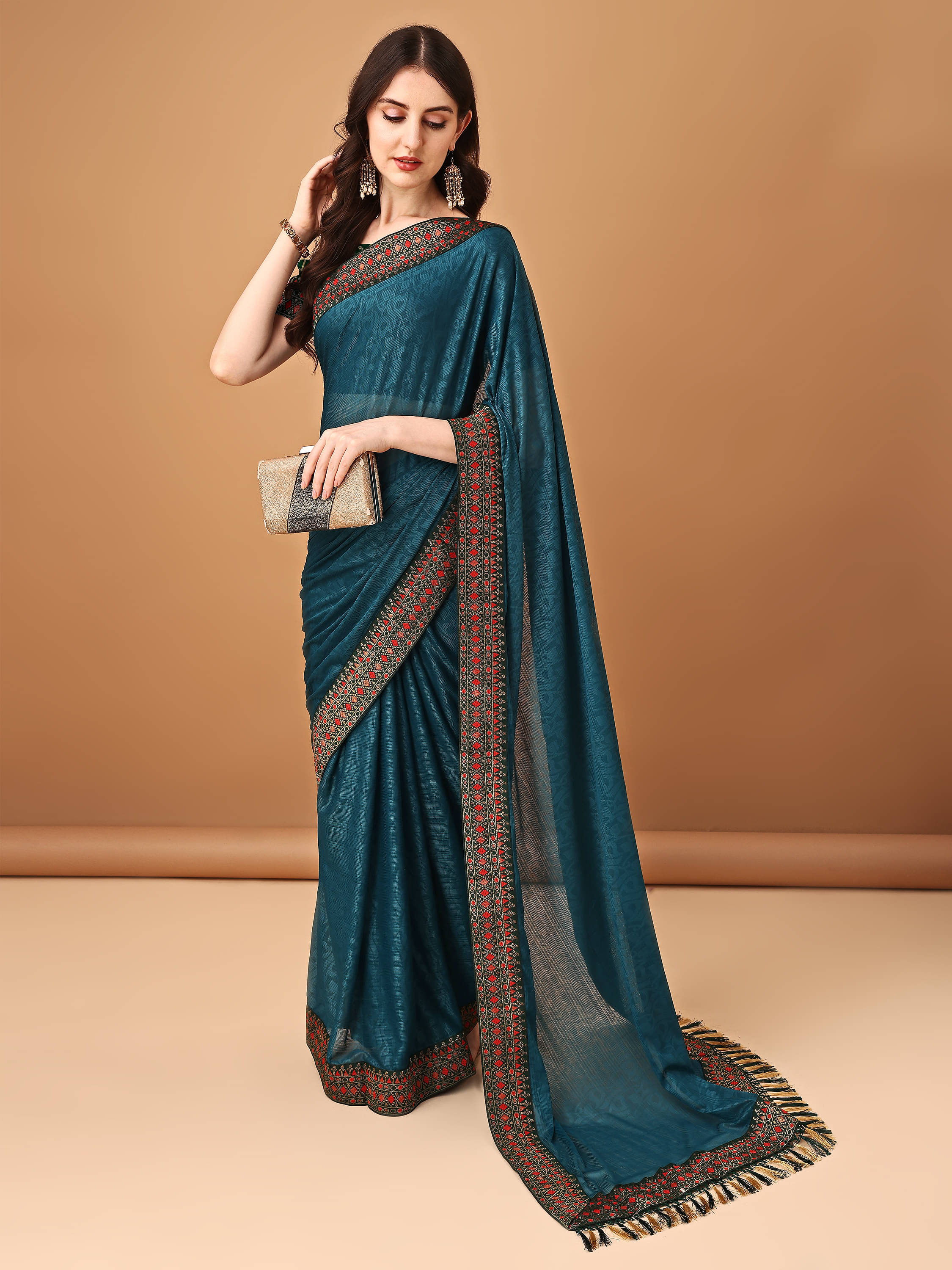     			Parmila Fashion Silk Blend Embellished Saree With Unstitched Blouse Piece ( Teal )