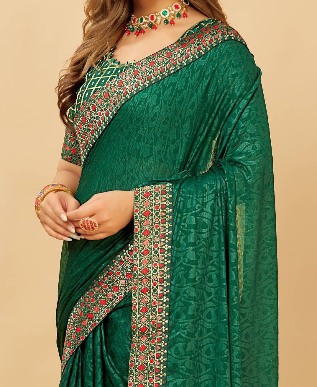     			Parmila Fashion Silk Blend Embellished Saree With Unstitched Blouse Piece ( Green )