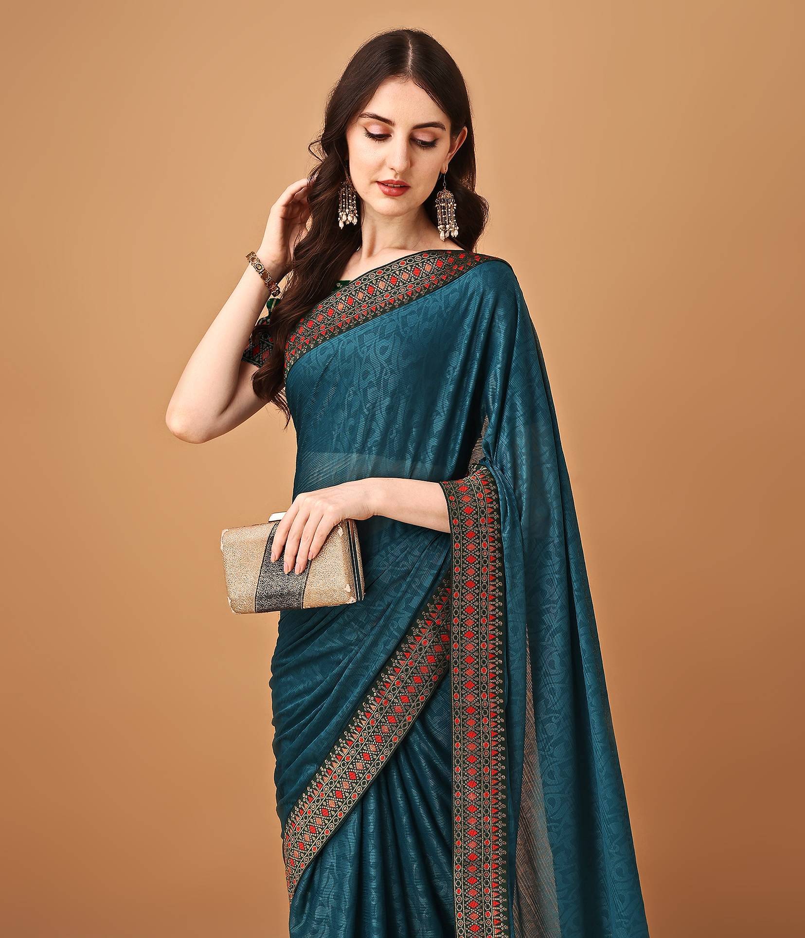     			Parmila Fashion Silk Blend Embellished Saree With Unstitched Blouse Piece ( Teal )
