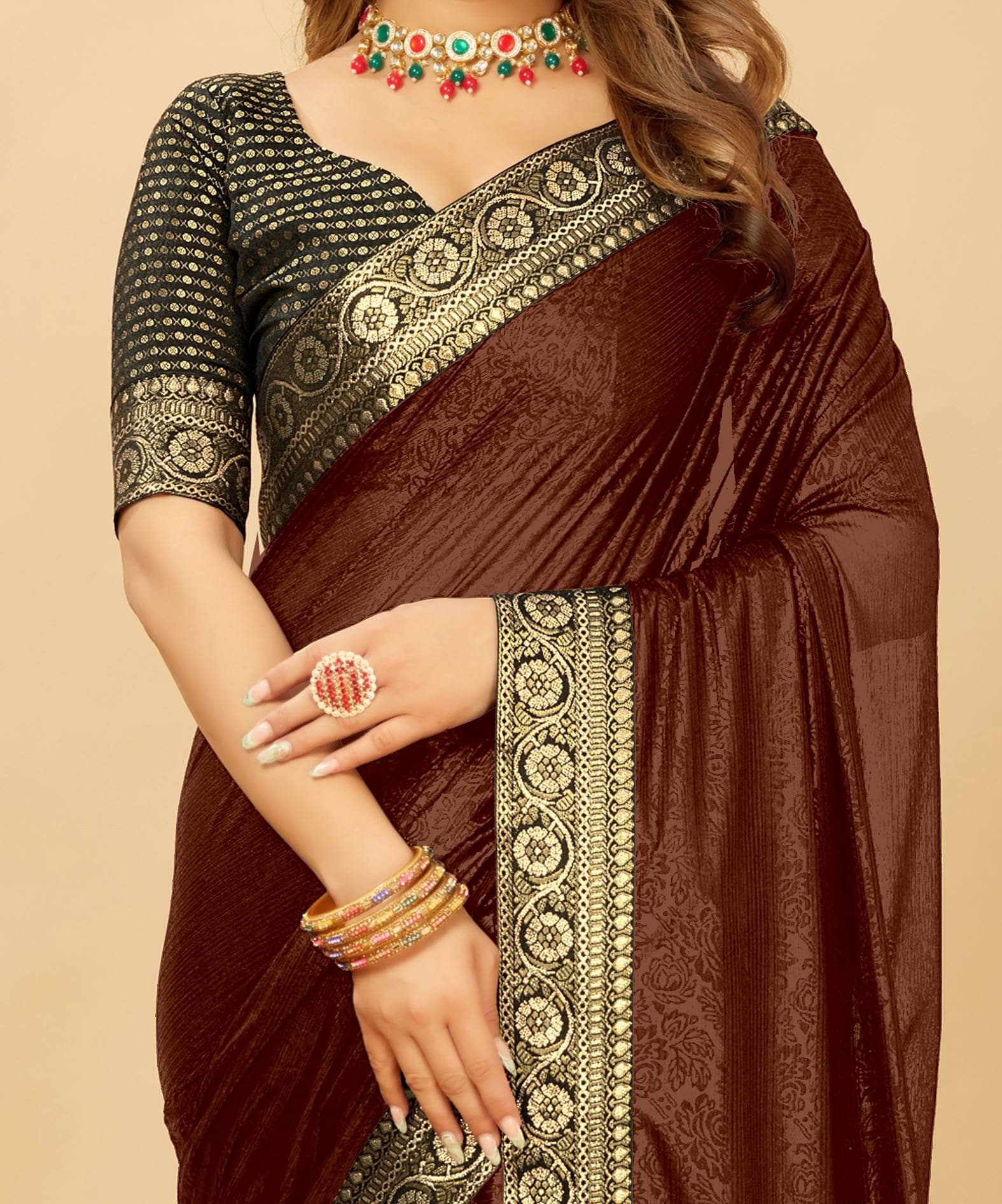 Parmila Fashion Silk Embellished Saree With Unstitched Blouse Piece ( Brown ) - Sarees | Buy online on ZillyBuy