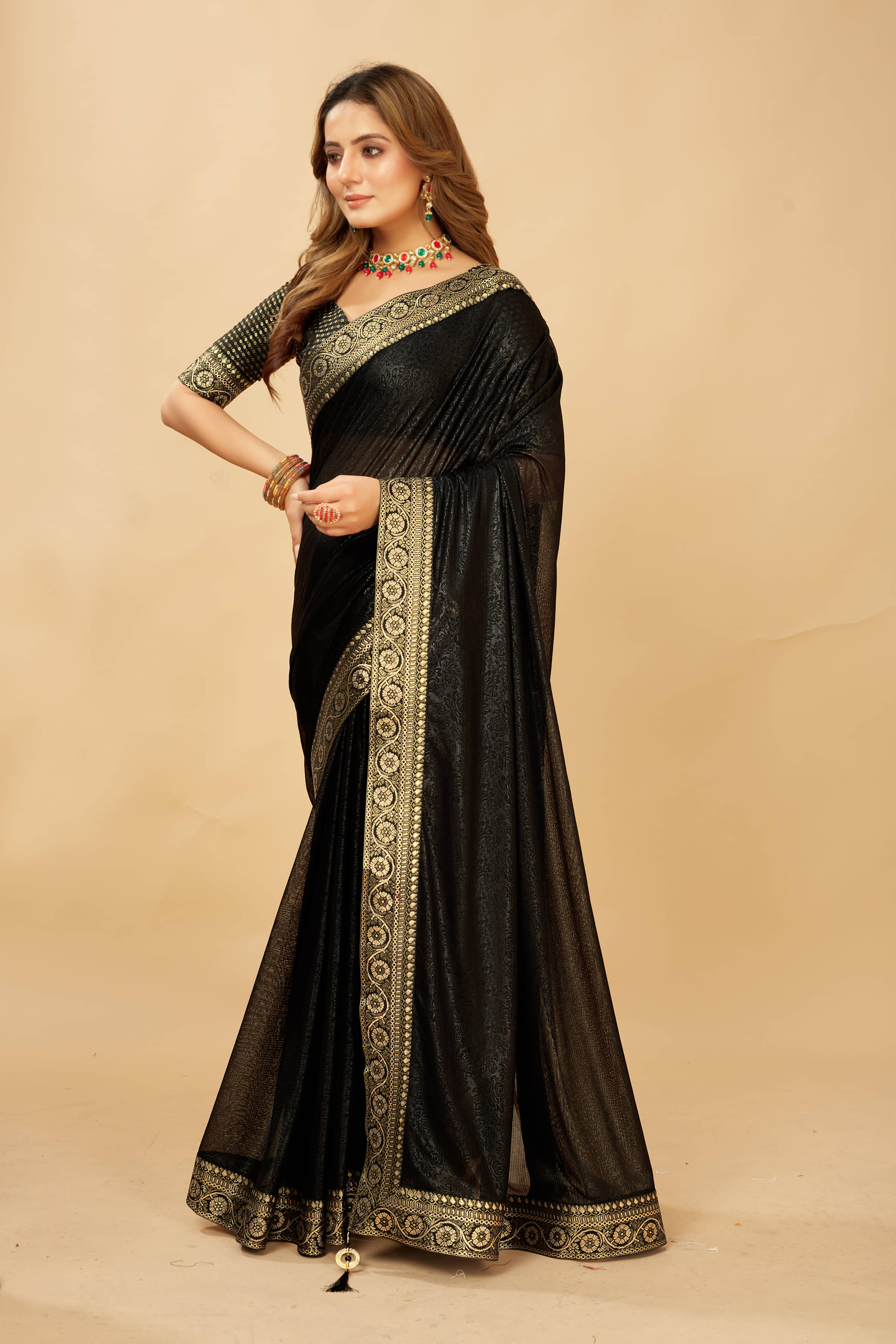 Parmila Fashion Silk Embellished Saree With Unstitched Blouse Piece ( Black ) - Sarees | Buy online on ZillyBuy