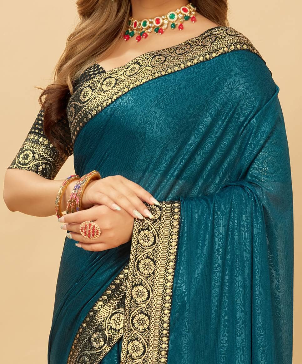 Parmila Fashion Silk Embellished Saree With Unstitched Blouse Piece ( Teal ) - Sarees | Buy online on ZillyBuy