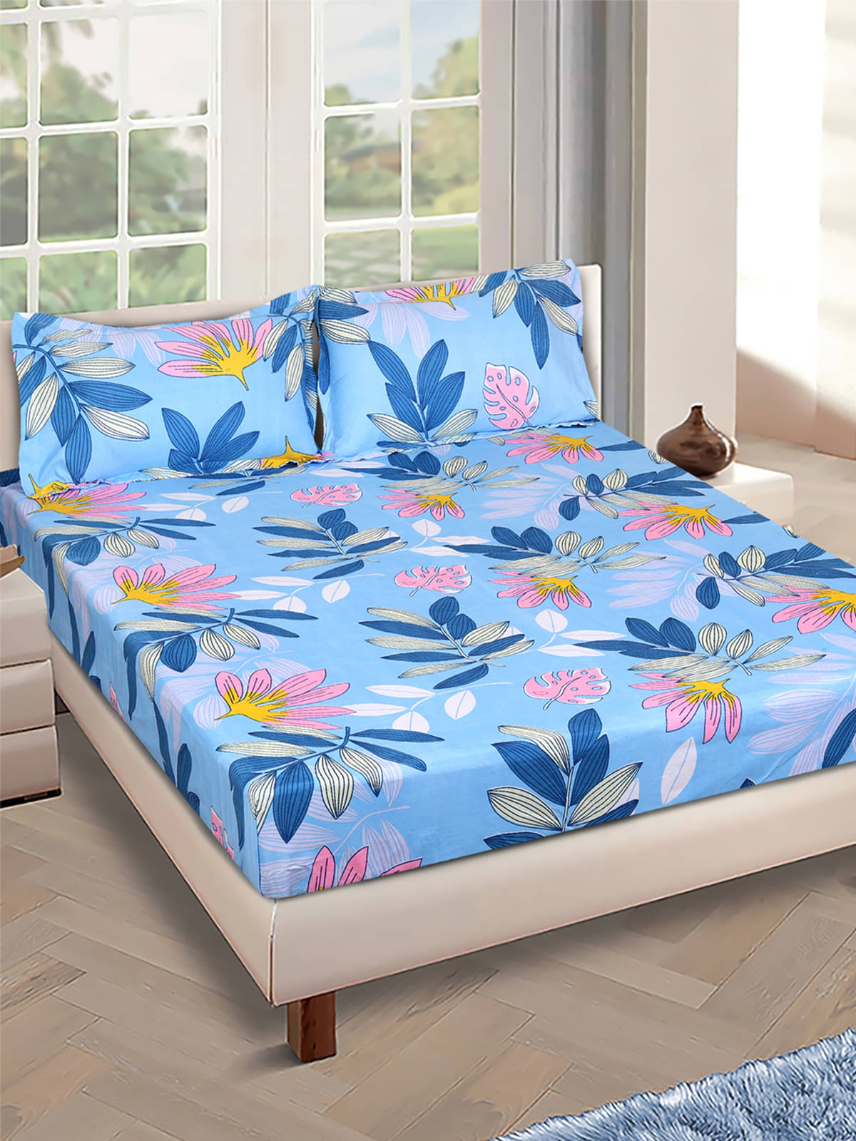     			Romee Microfiber 1 Double Bedsheet with 2 Pillow Covers ( Blue )