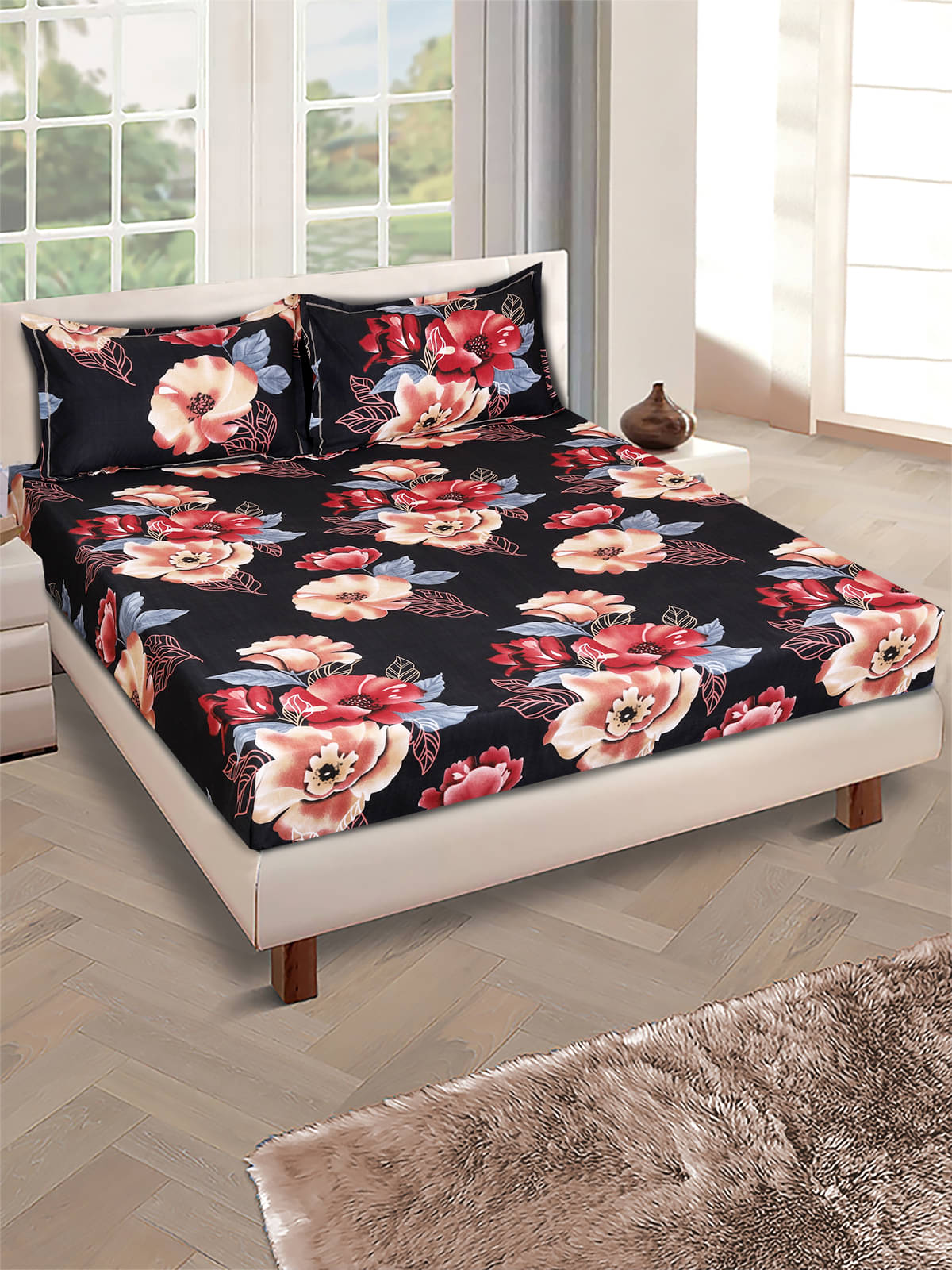     			Romee Microfiber 1 Double Bedsheet with 2 Pillow Covers ( Black )