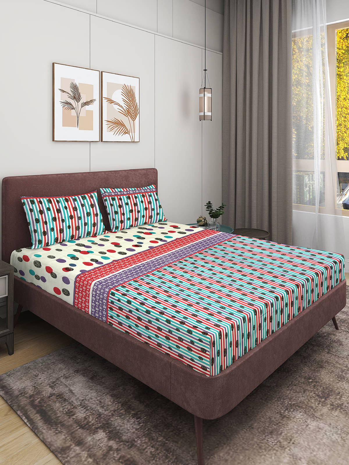     			Romee Microfiber 1 Double Queen Bedsheet with 2 Pillow Covers ( Multicolor )