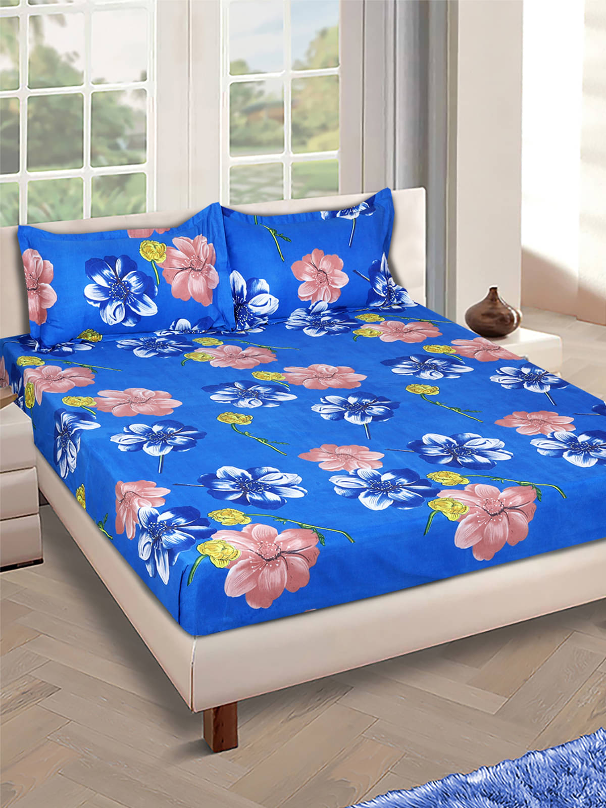     			Romee Microfiber 1 Double Queen Bedsheet with 2 Pillow Covers ( Blue )