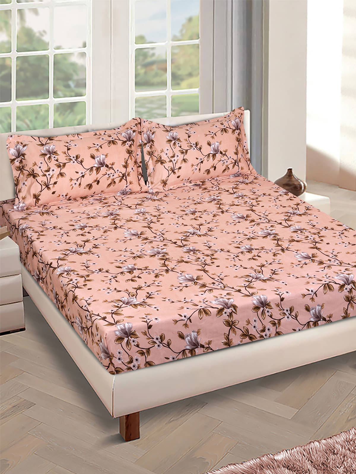     			Romee Microfiber 1 Double Queen Bedsheet with 2 Pillow Covers ( Peach )