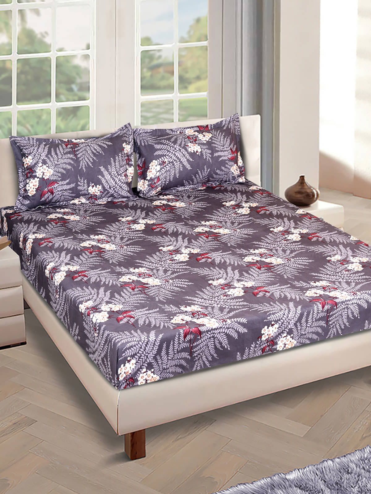     			Romee Poly Cotton 1 Double Bedsheet with 2 Pillow Covers ( Gray )