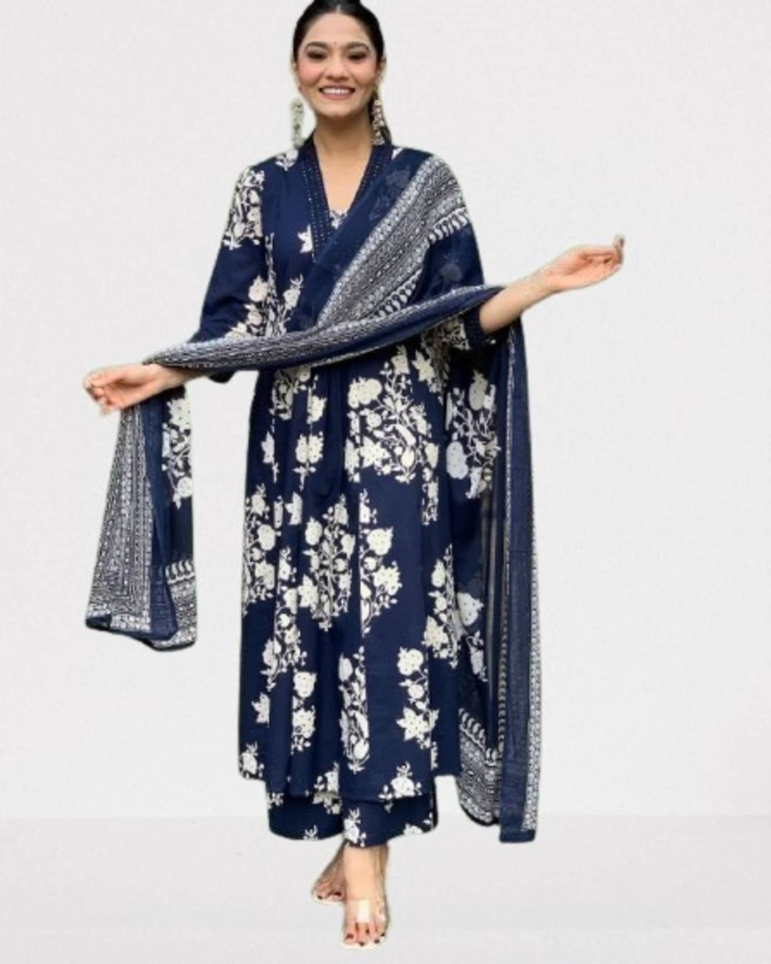 S & D Attire Women's Rayon Printed Kurti With Palazzo ( Blue )