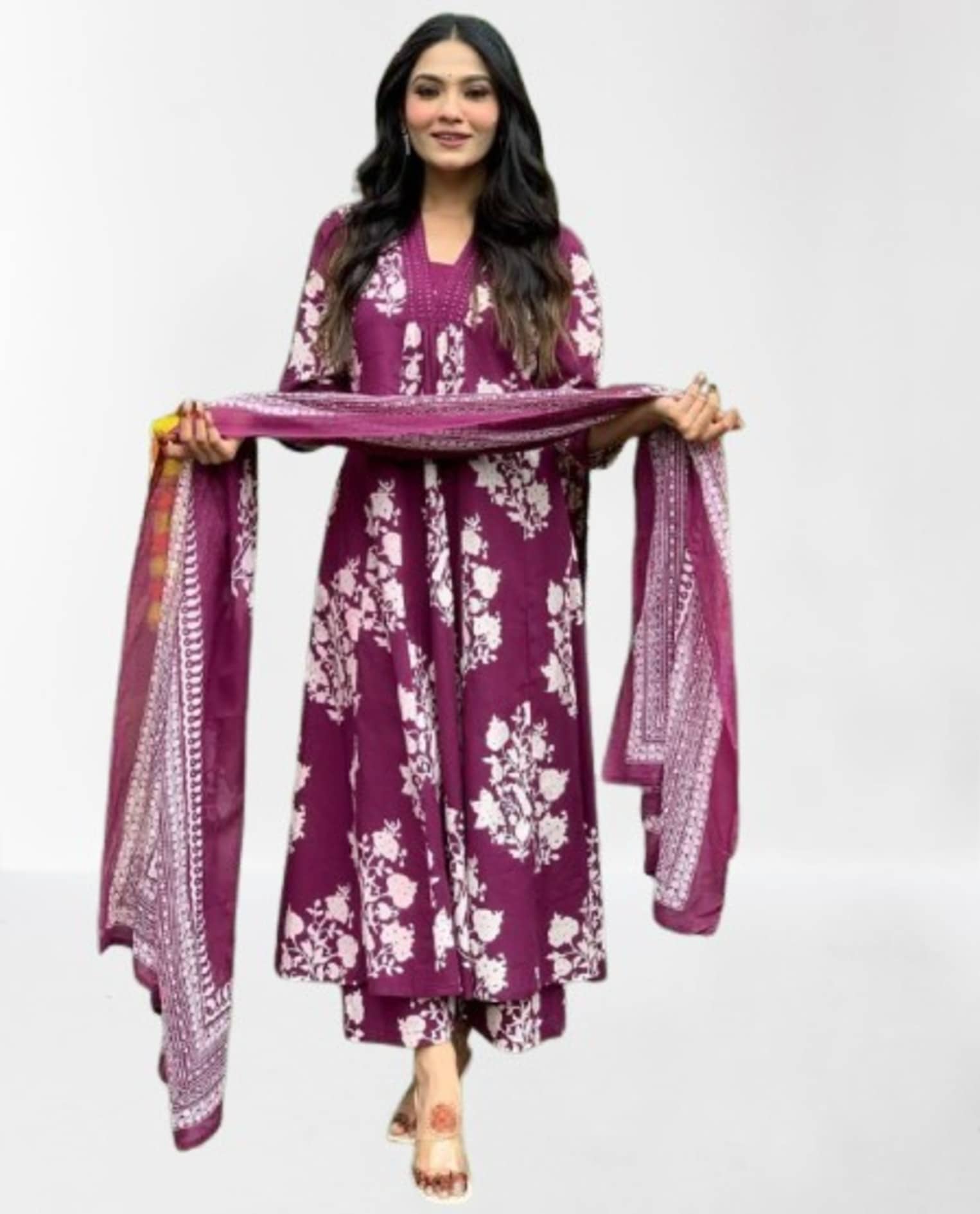 S & D Attire Women's Rayon Applique Kurti With Palazzo ( Wine )