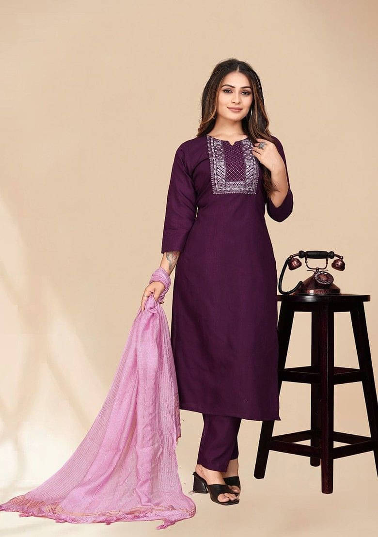 Shree Aksharam Trends Women's Silk Blend Embroidered Kurti With Pants ( Purple )     			Shree Aksharam Trends Women's Silk Blend Embroidered Kurti With Pants ( Purple )