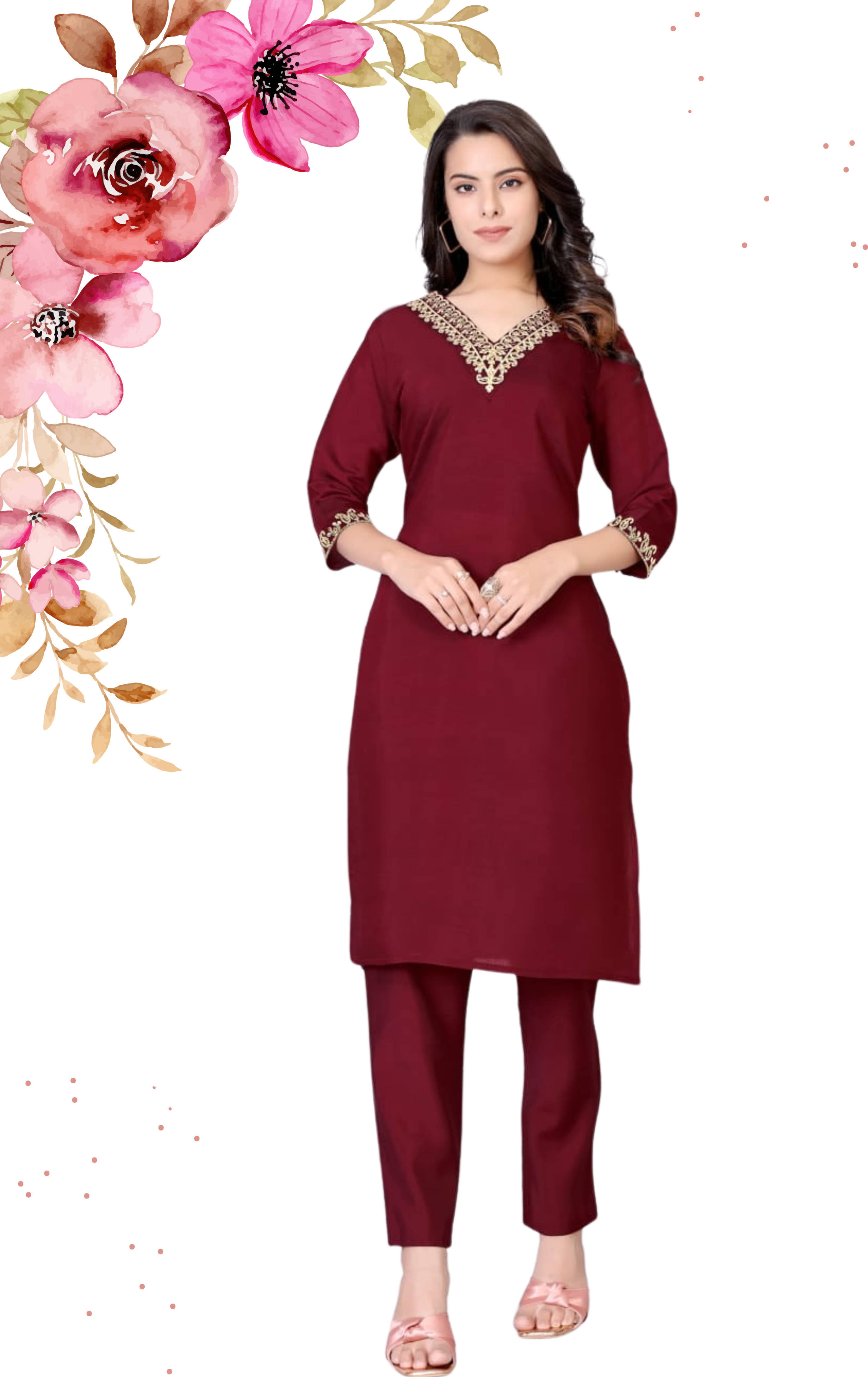 Shree Aksharam Trends Women's Silk Blend Embroidered Kurti With Pants ( Maroon )     			Shree Aksharam Trends Women's Silk Blend Embroidered Kurti With Pants ( Maroon )