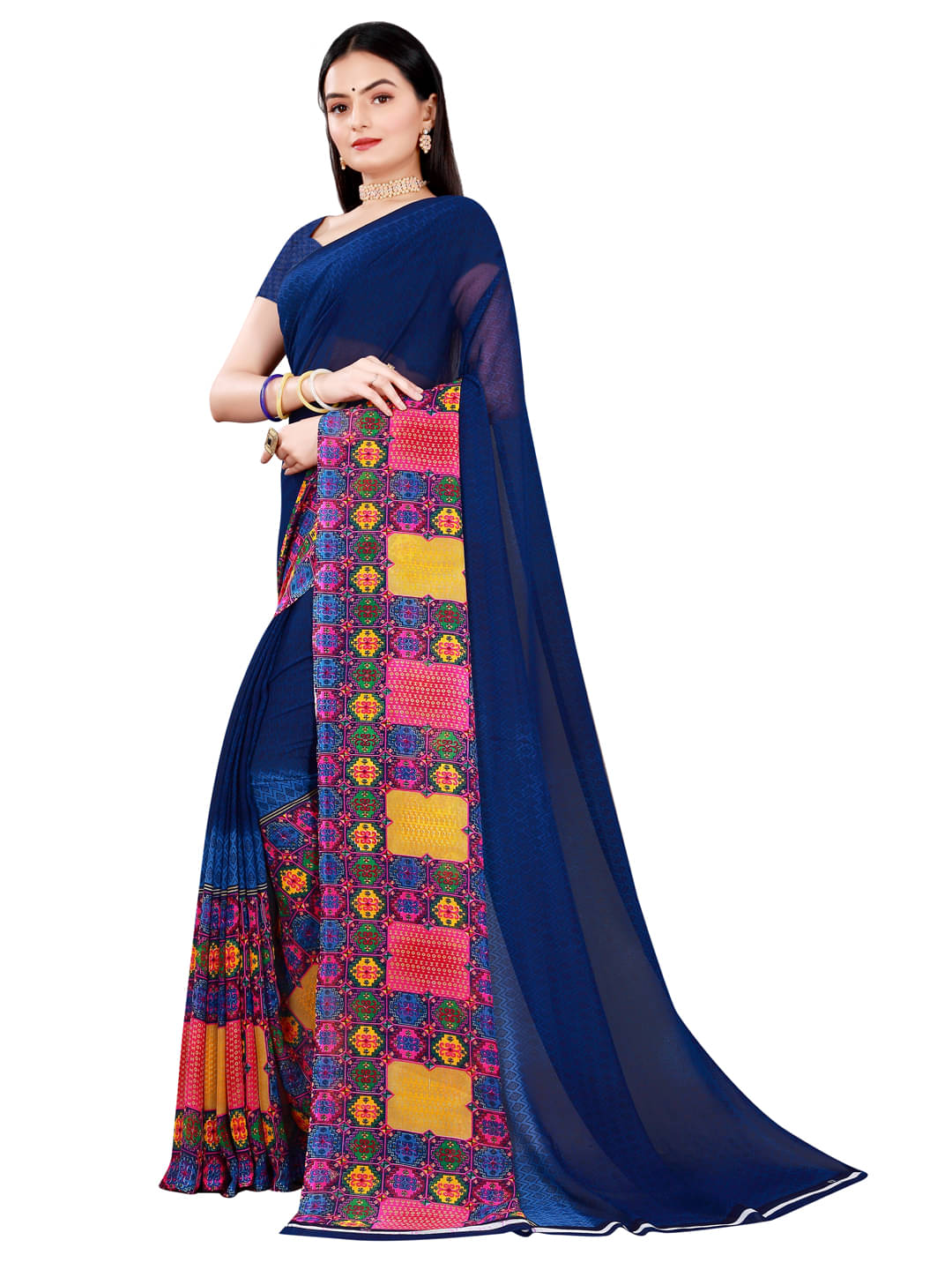 Suali Georgette Printed Saree With Unstitched Blouse Piece ( Blue ) Suali Georgette Printed Saree With Unstitched Blouse Piece ( Blue )