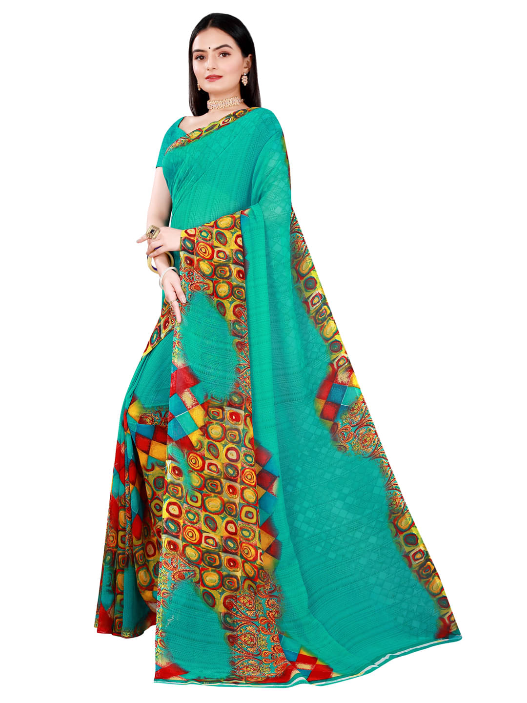     			Suali Georgette Printed Saree With Unstitched Blouse Piece ( Green )