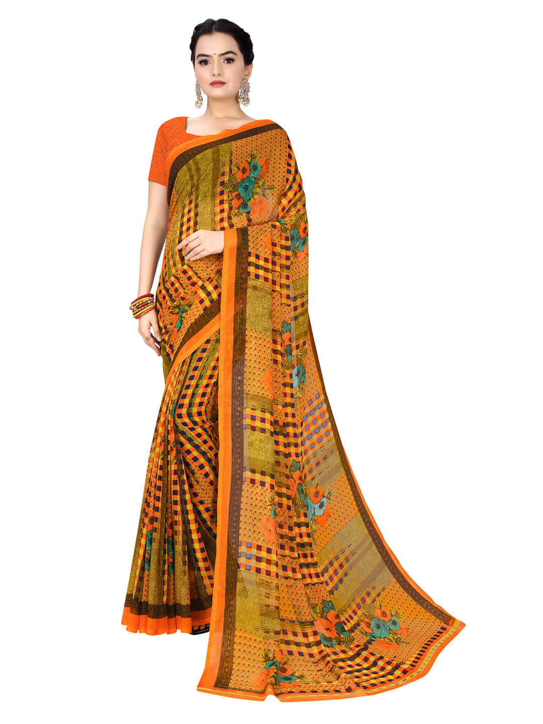Suali Georgette Printed Saree With Unstitched Blouse Piece ( Orange ) Suali Georgette Printed Saree With Unstitched Blouse Piece ( Orange )